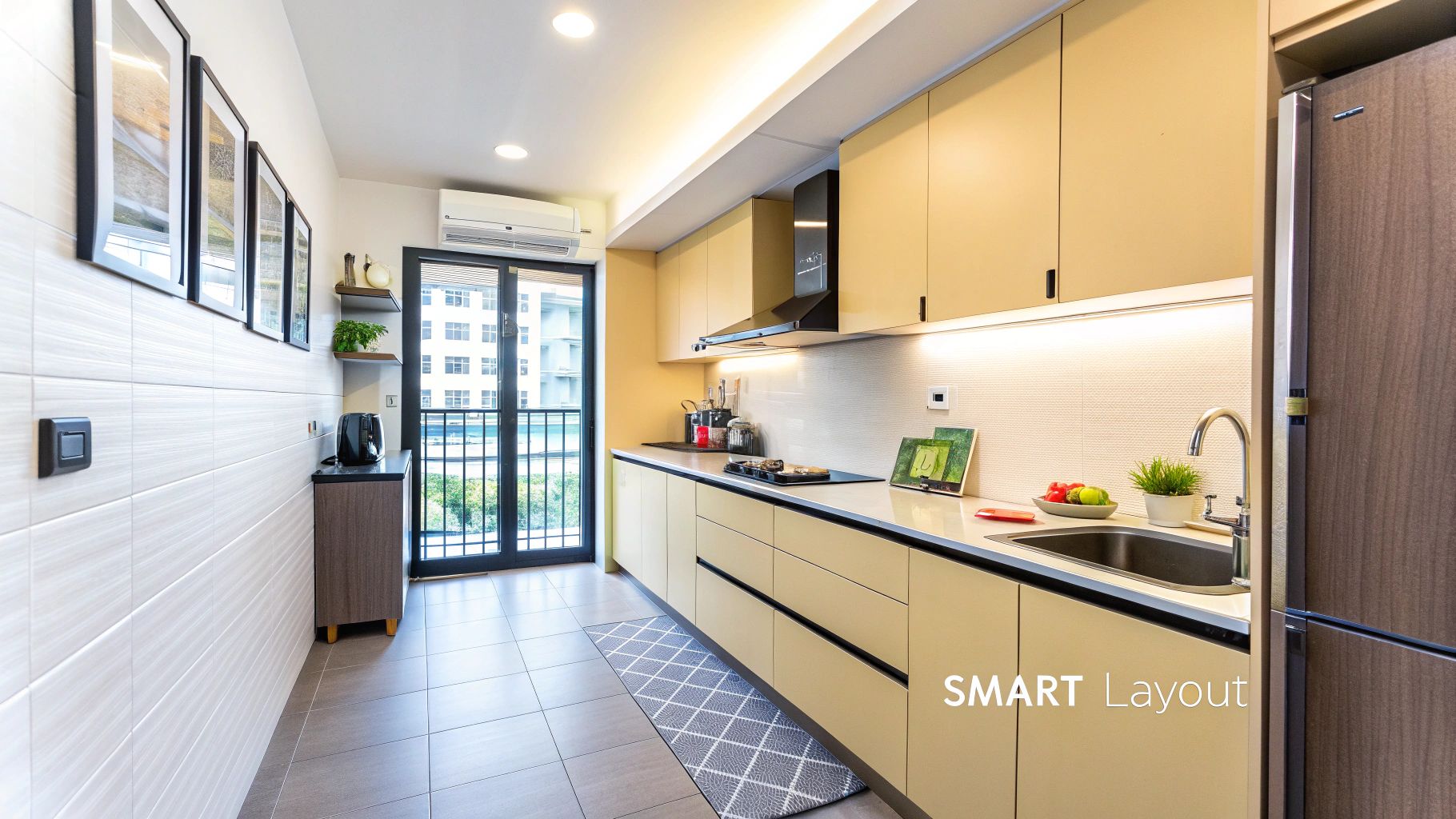 A well-organized L-shaped kitchen in a Singaporean condo, demonstrating an efficient work triangle.