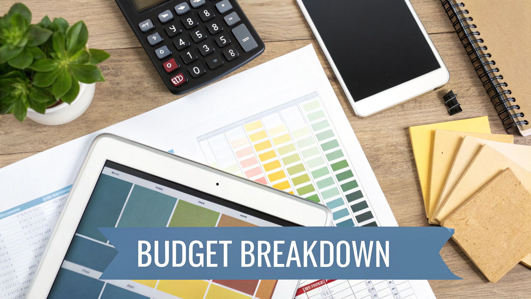 A flat lay of office supplies including a tablet, calculator, and documents, featuring a 'BUDGET BREAKDOWN' banner.