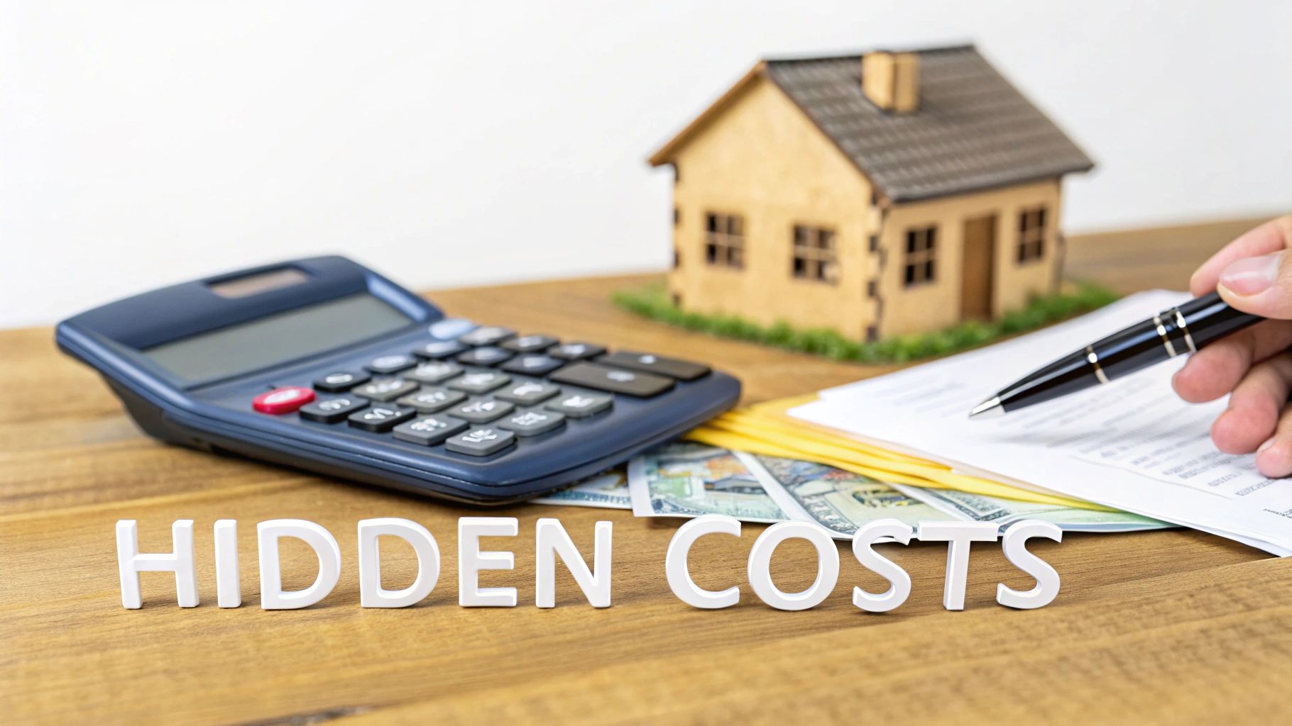 A calculator, house model, cash, and pen on a table with 'HIDDEN COSTS' letters, symbolizing unexpected home expenses.