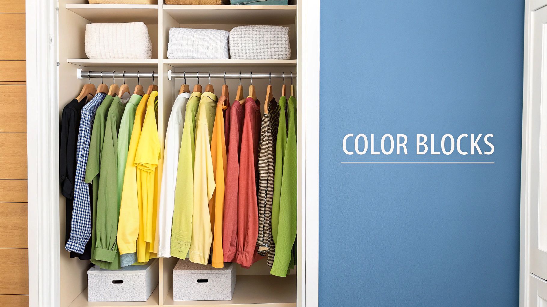 An organized built-in wardrobe with colorful shirts hanging and folded items on shelves next to a blue wall.