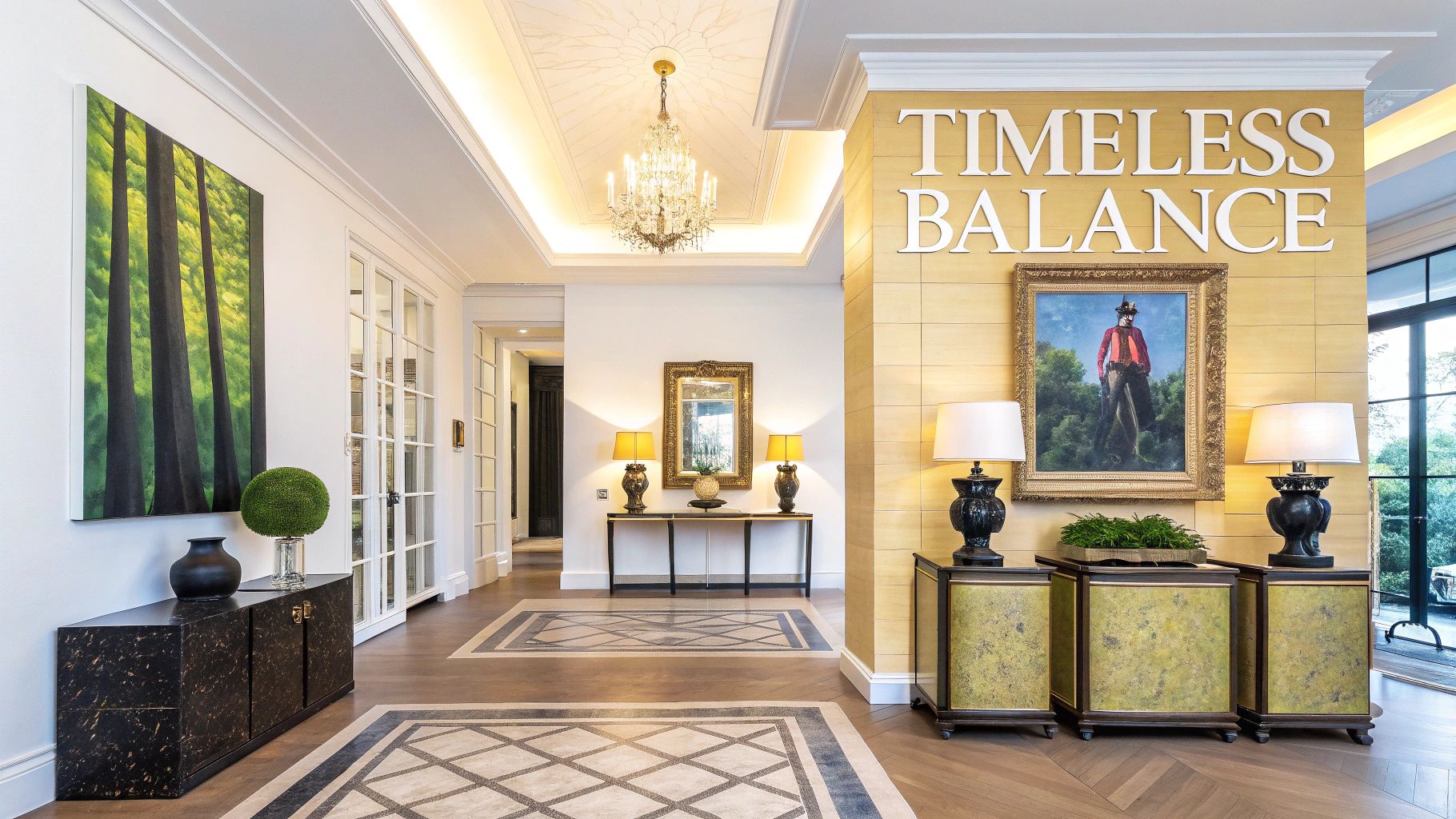 A sophisticated home hallway with unique art, elegant furnishings, and decorative accents.