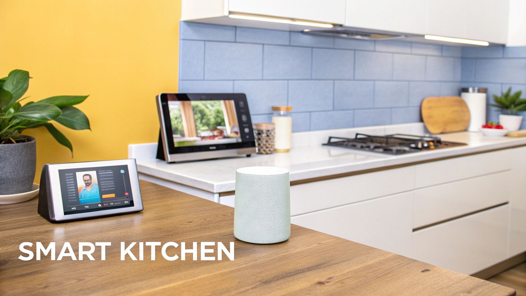 A modern farmhouse kitchen featuring white shiplap walls, a large wooden island, and vintage-style pendant lights.
