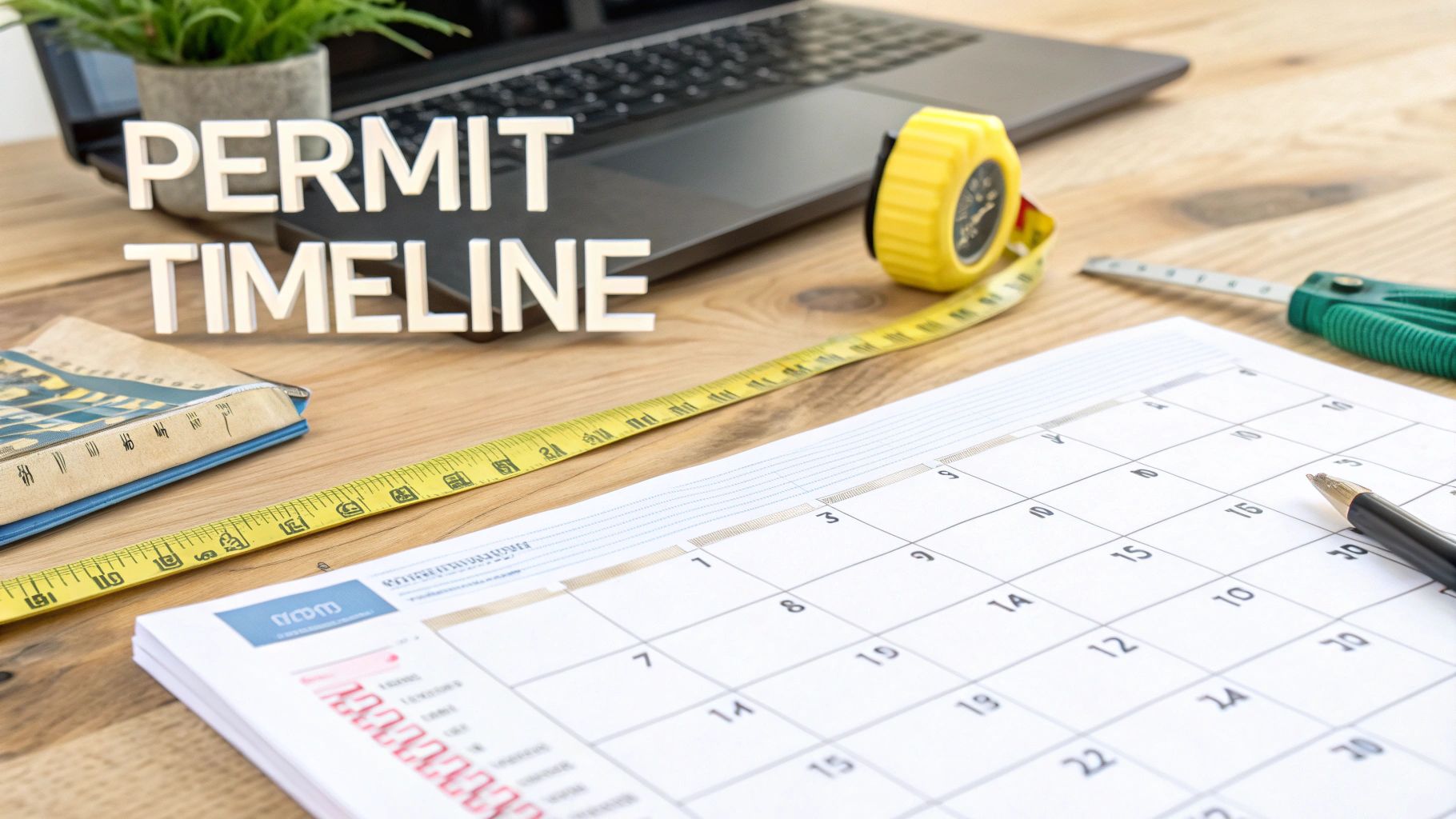 Permit timeline concept with a calendar, measuring tape, laptop, and 3D text on a wooden desk.