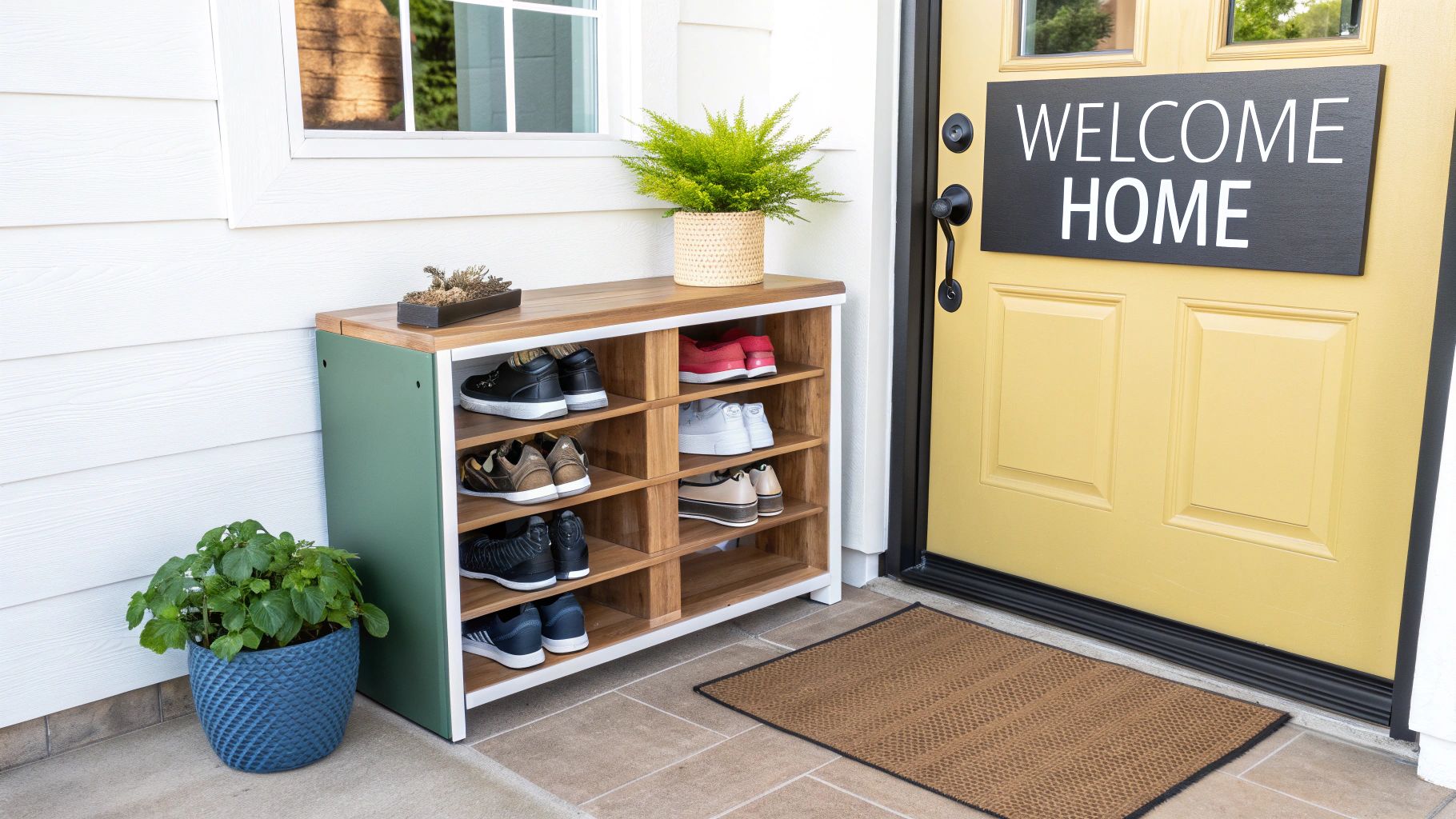 An organized entryway featuring a wooden shoe rack, potted plants, and a welcoming yellow front door.