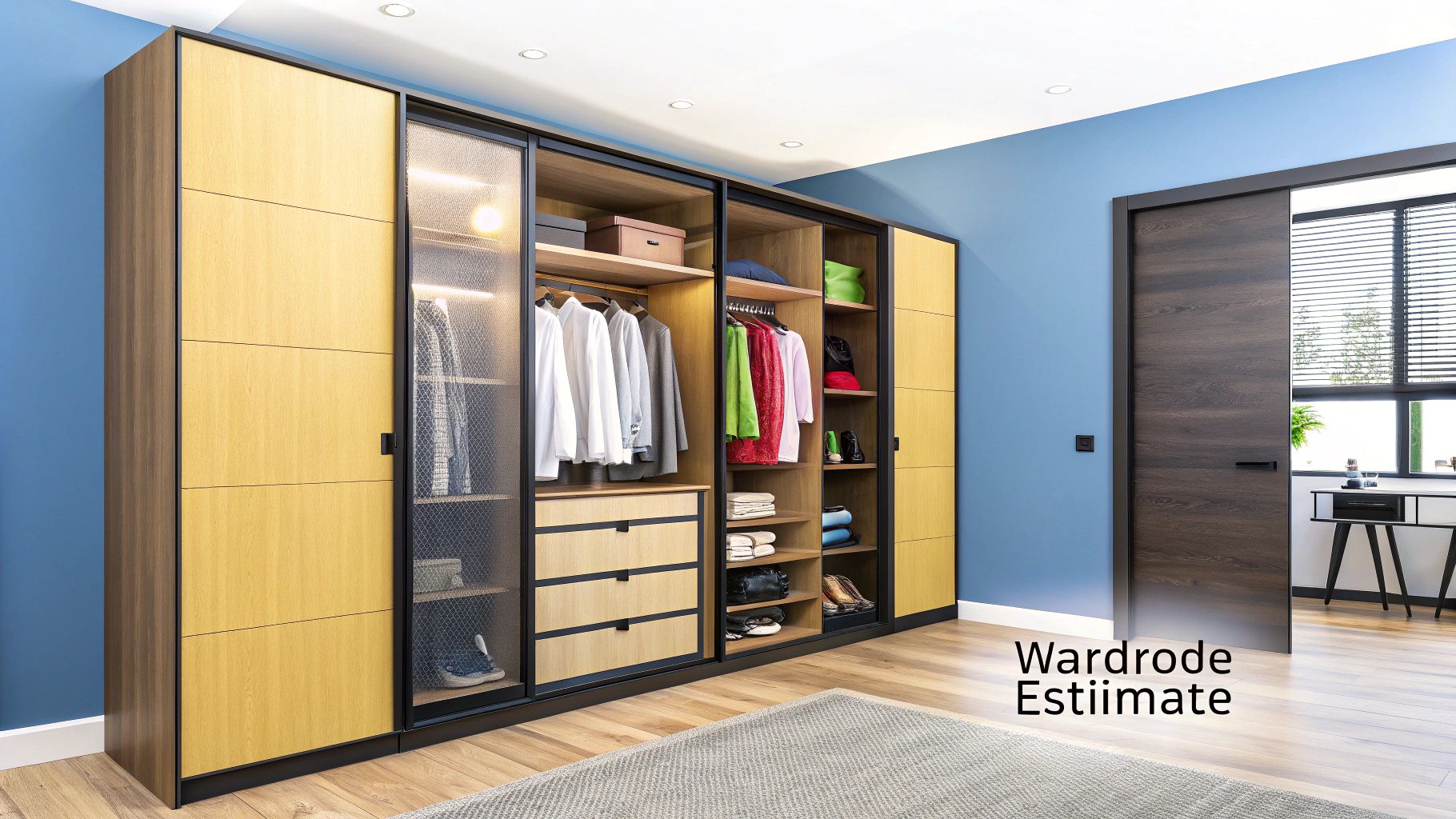 A modern, custom-built wooden wardrobe and shelving unit in a well-lit bedroom.