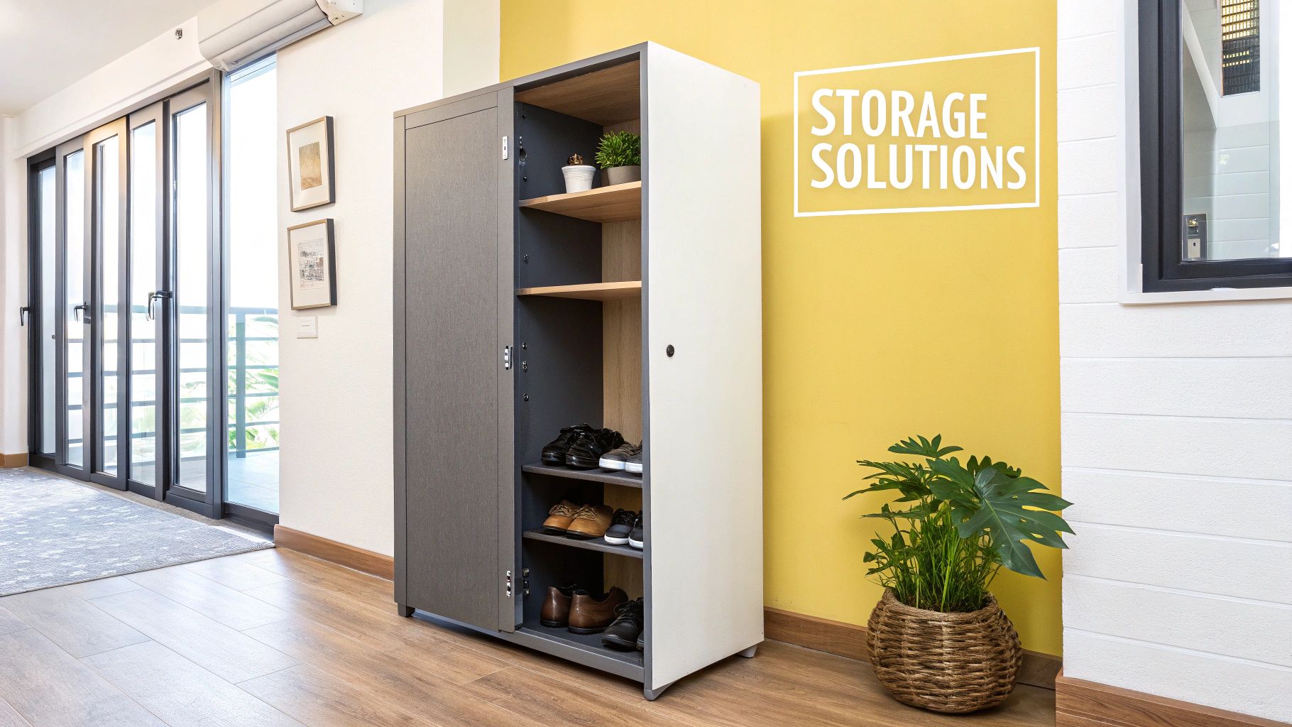 Modern two-toned storage cabinet in an entryway with shelves holding shoes and small plants.