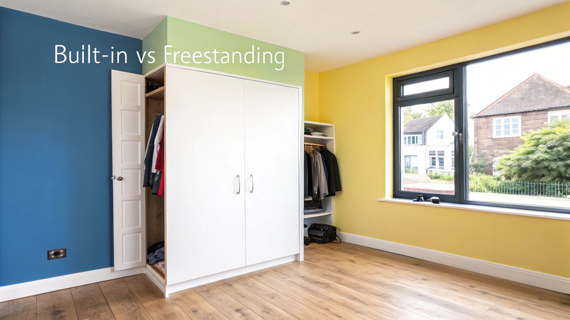 Modern bedroom with built-in wardrobe and freestanding closet featuring colorful blue, green and yellow walls