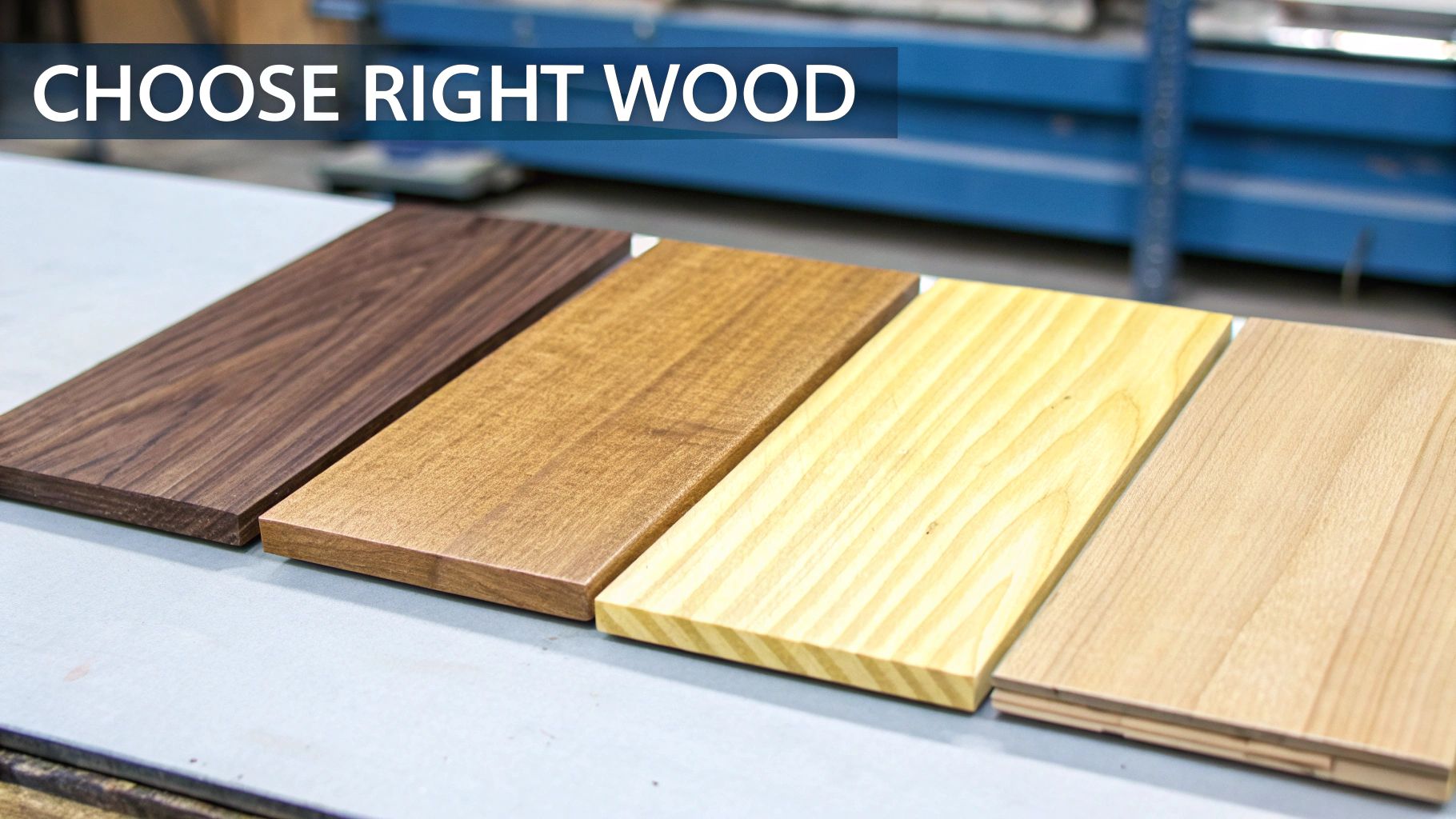 Four distinct wood samples showcasing different colors and grains, for choosing the right material.