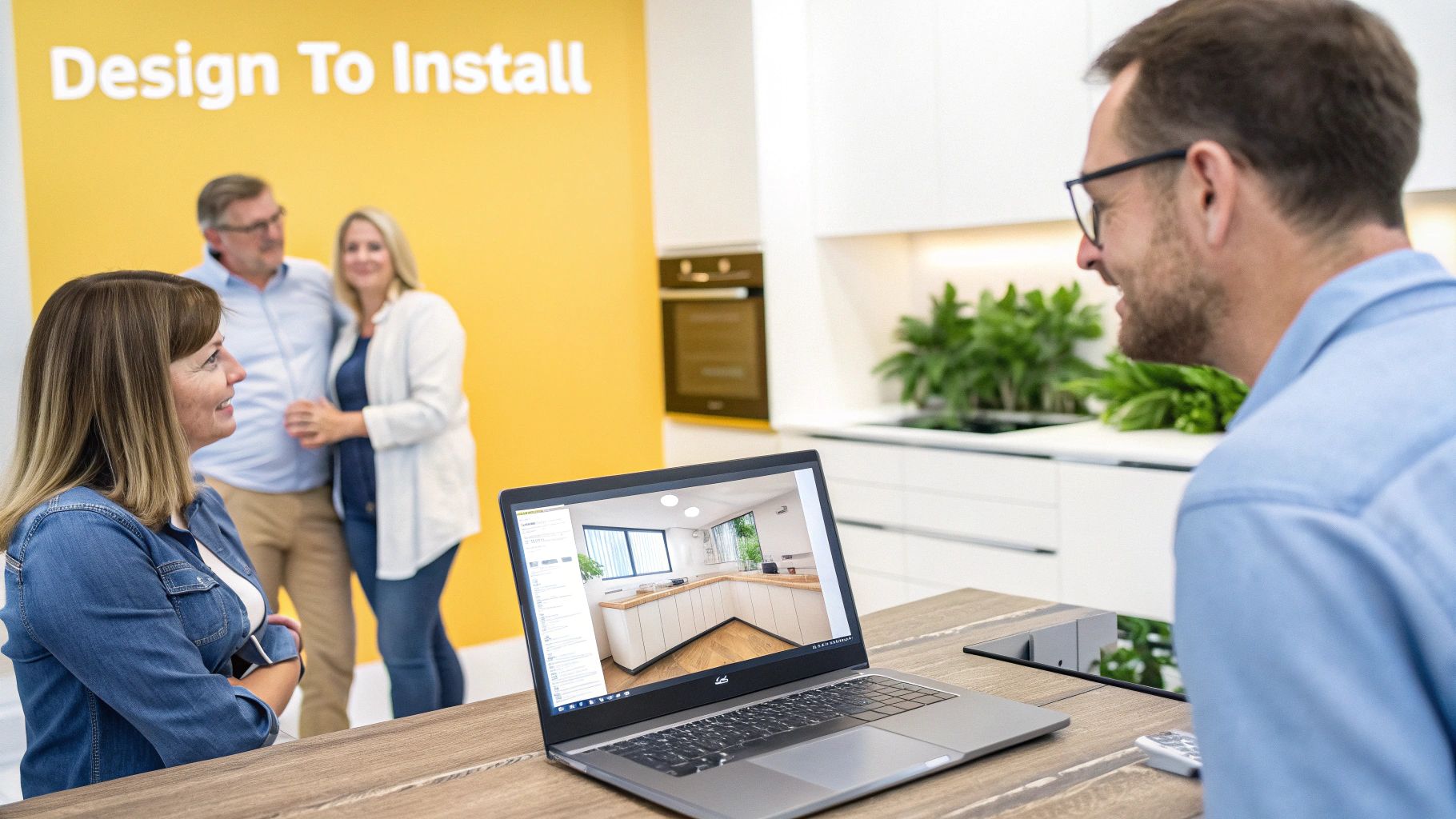 A couple discusses kitchen design with a consultant, viewing a 3D rendering on a laptop in a showroom.