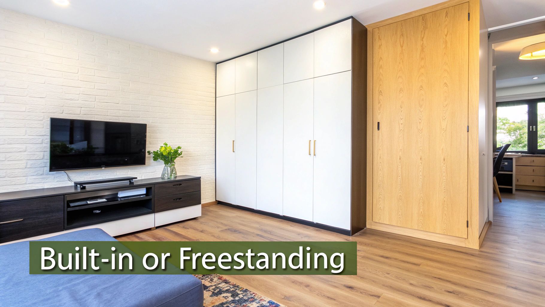 Modern living room with a wall-mounted TV, media console, and stylish built-in white and wooden wardrobes.