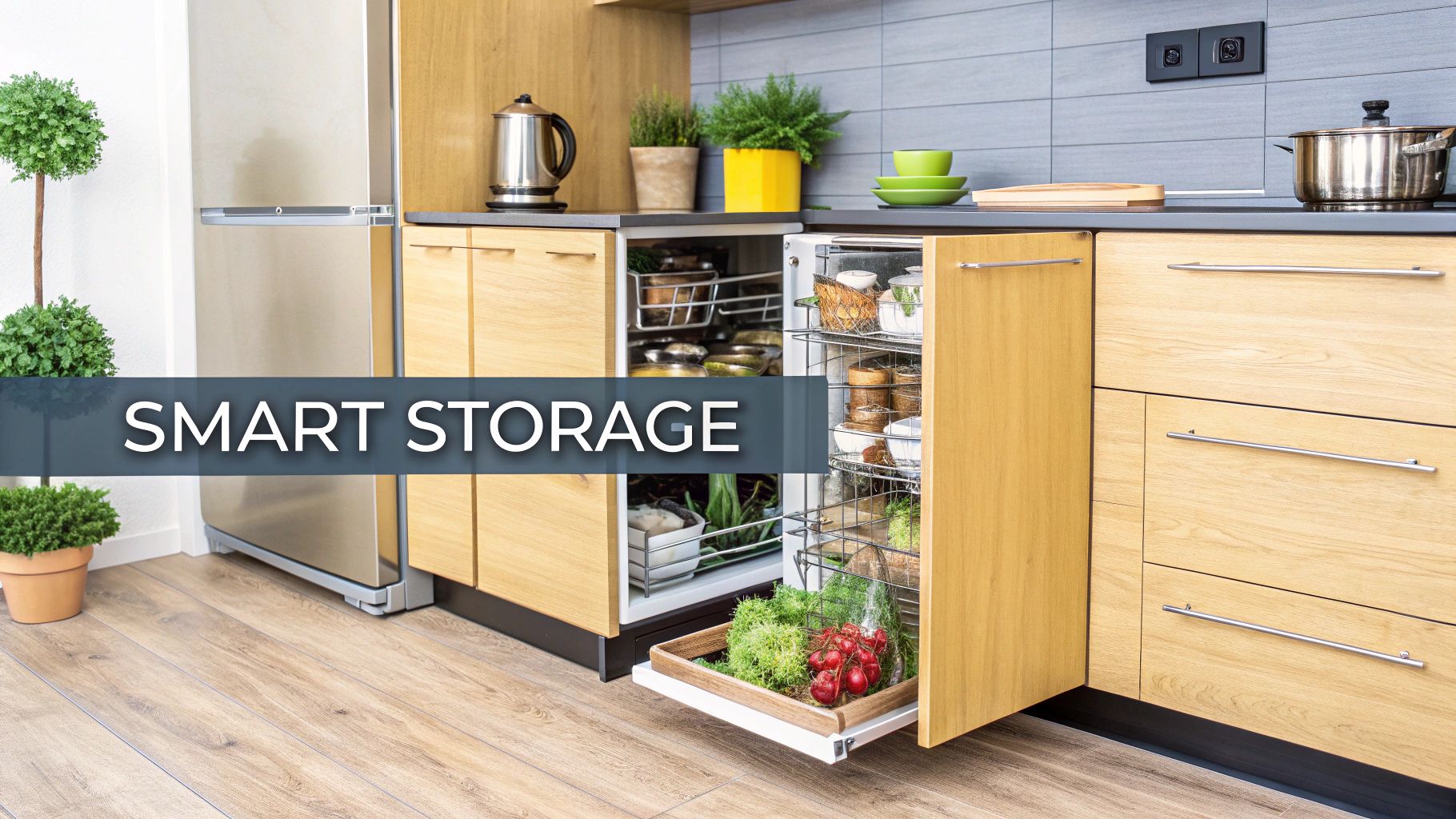 A kitchen with smart storage solutions like pull-out pantries and organized drawers.