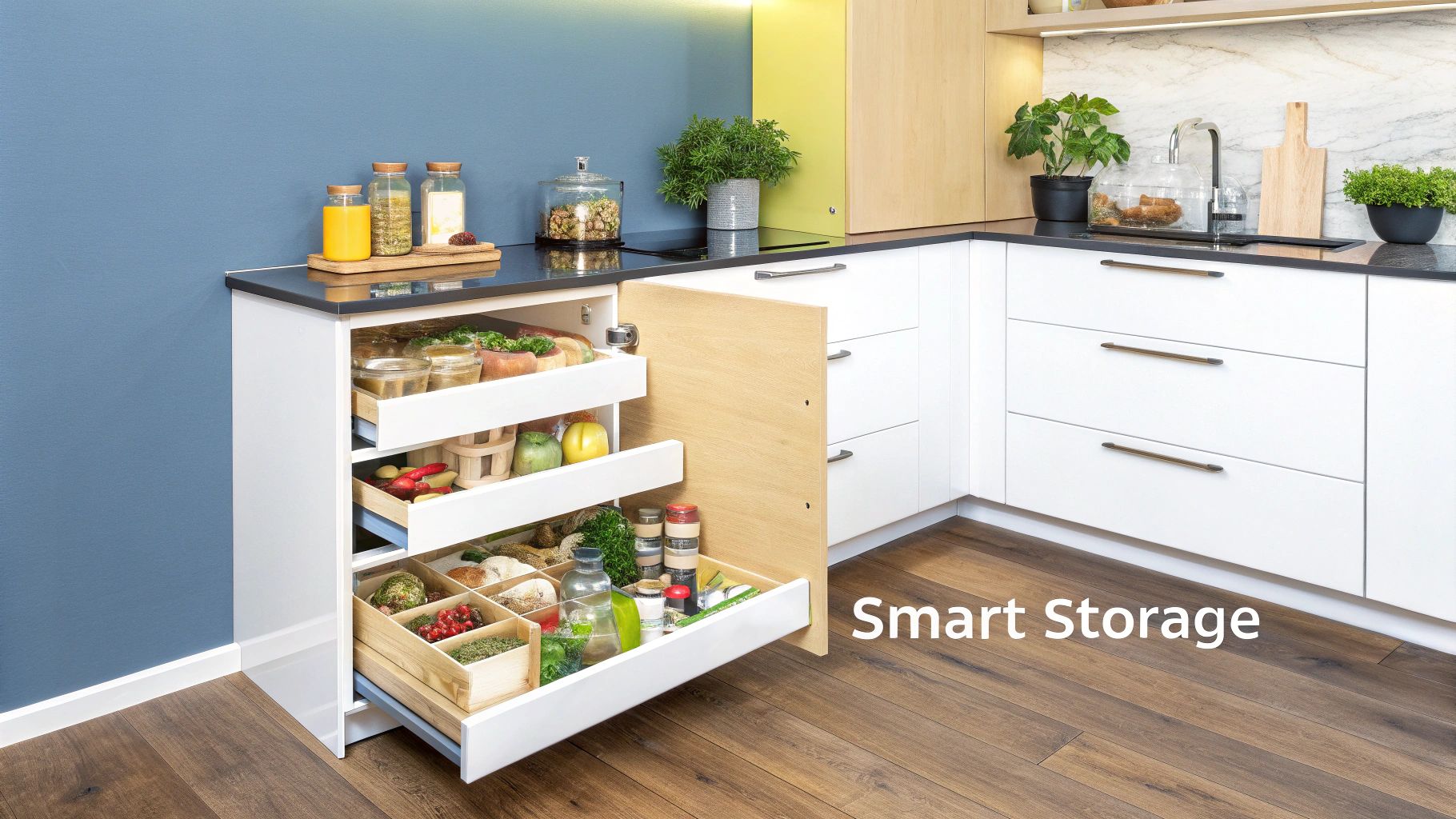 A well-organised kitchen showing smart storage solutions within wooden kitchen cabinets, including pull-out drawers and integrated lighting.