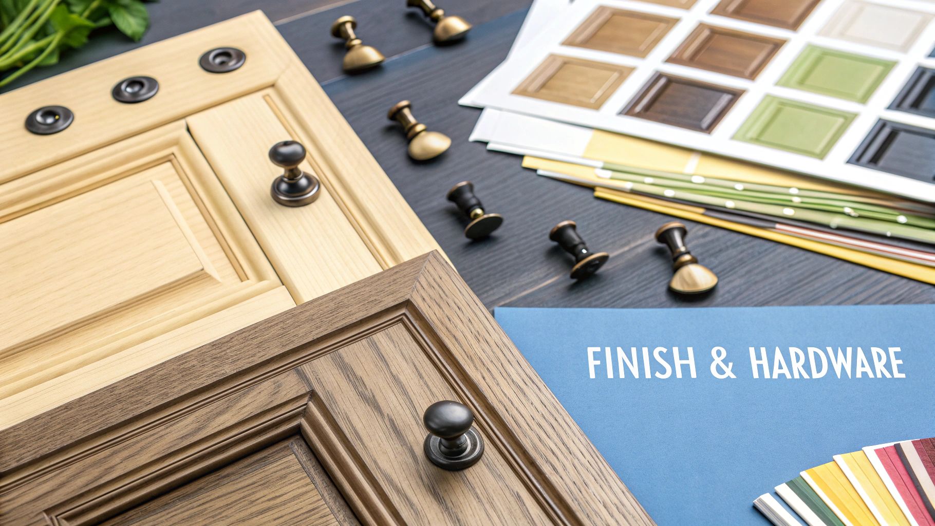 Various kitchen design elements: wood cabinet doors, hardware, and finish samples on a table.