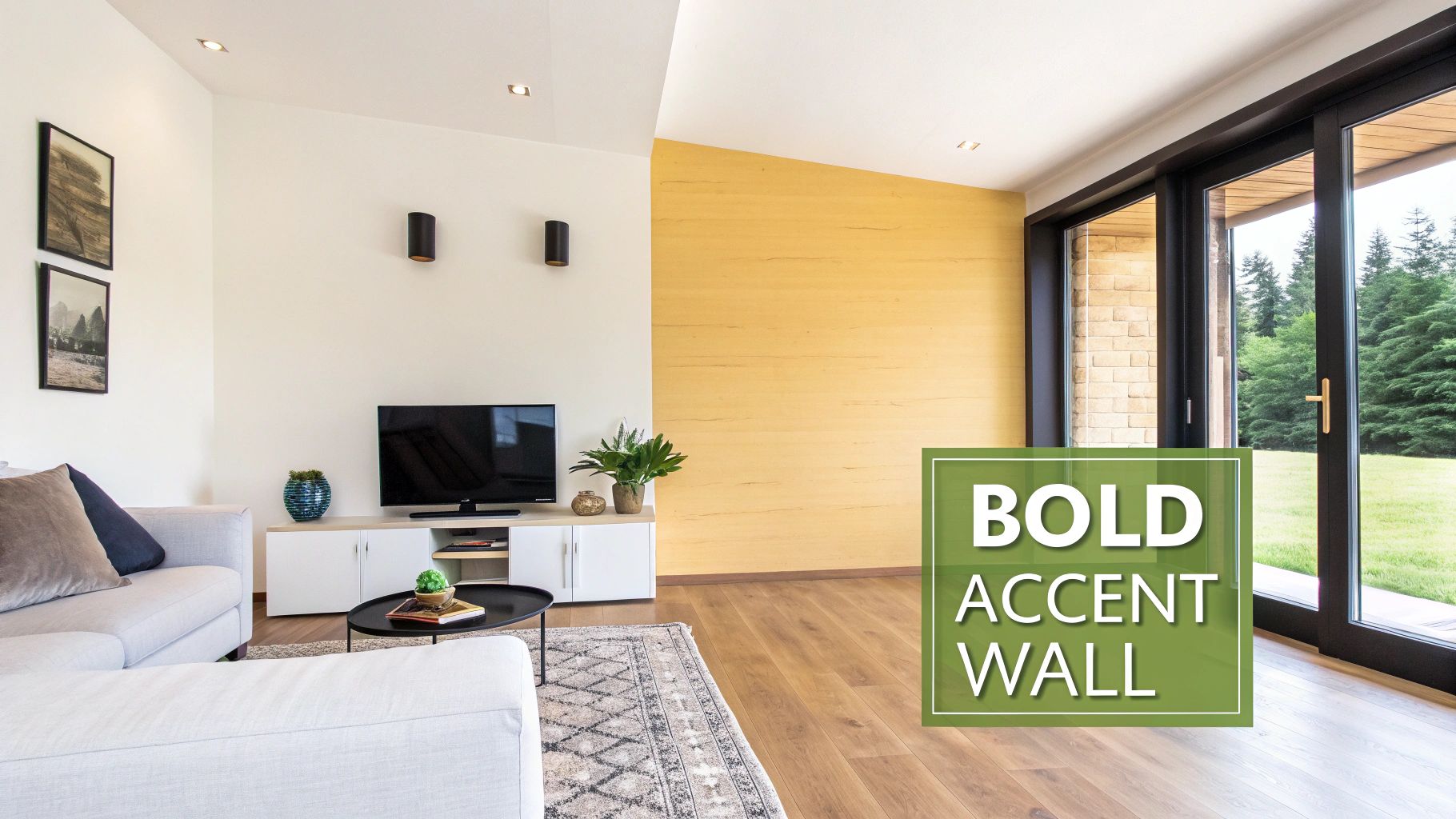 A modern living room with a bold emerald green accent wall behind a grey sofa, demonstrating the impact of a painted feature wall design.