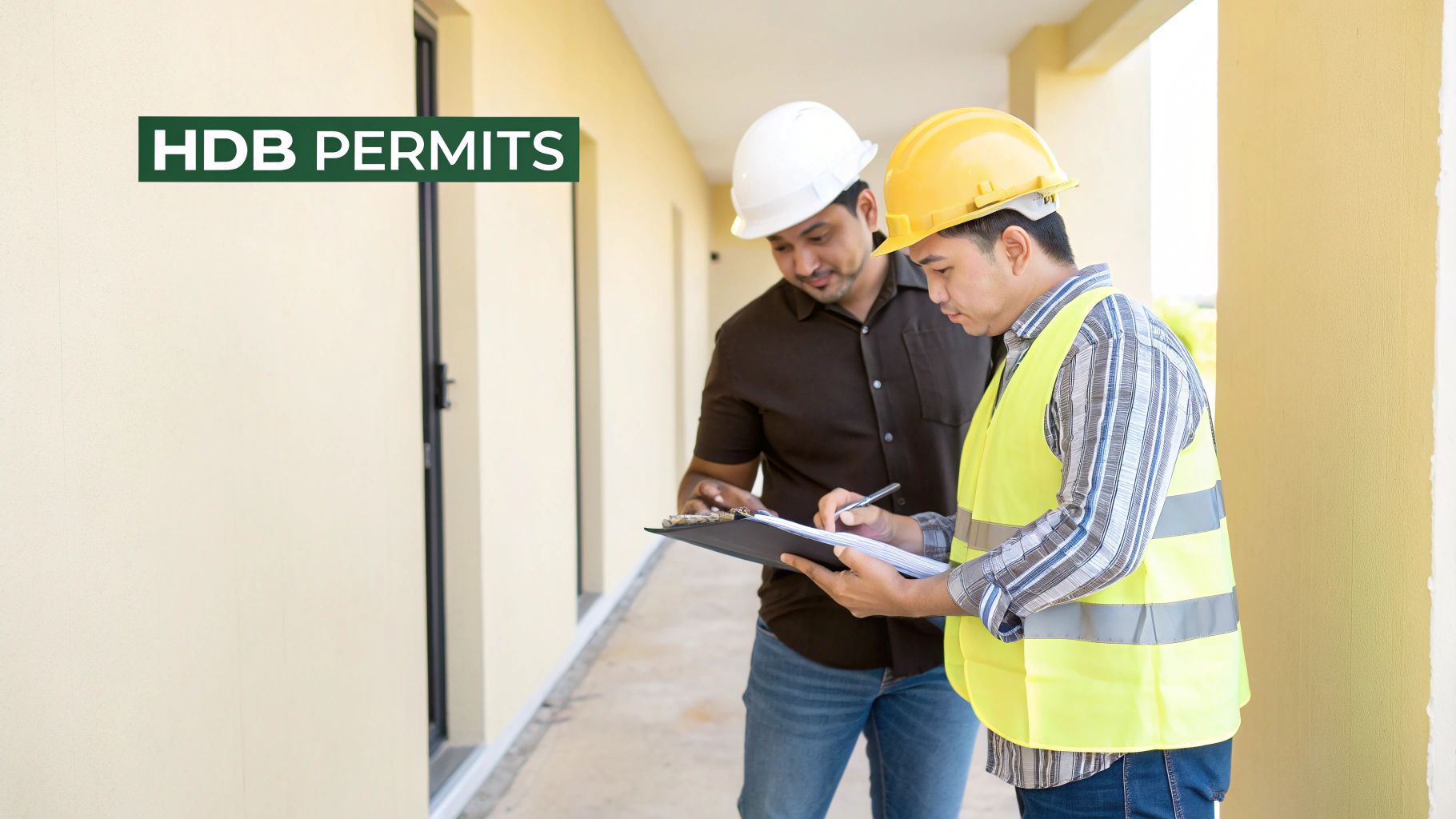Two construction workers in hard hats reviewing HDB renovation permits on clipboard in residential property