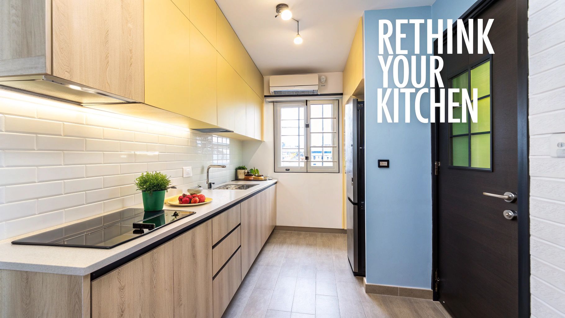 Bright modern kitchen with yellow and wood cabinets, white subway tiles, a black stove, and a blue wall.