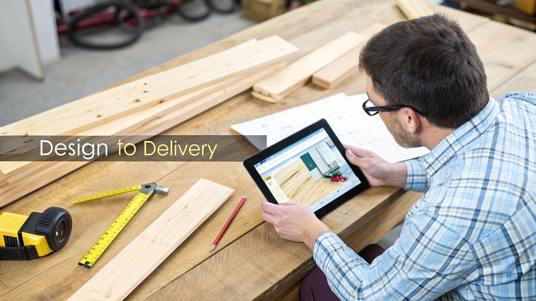 Man in plaid shirt designing a custom table on a tablet, surrounded by wooden planks and tools.