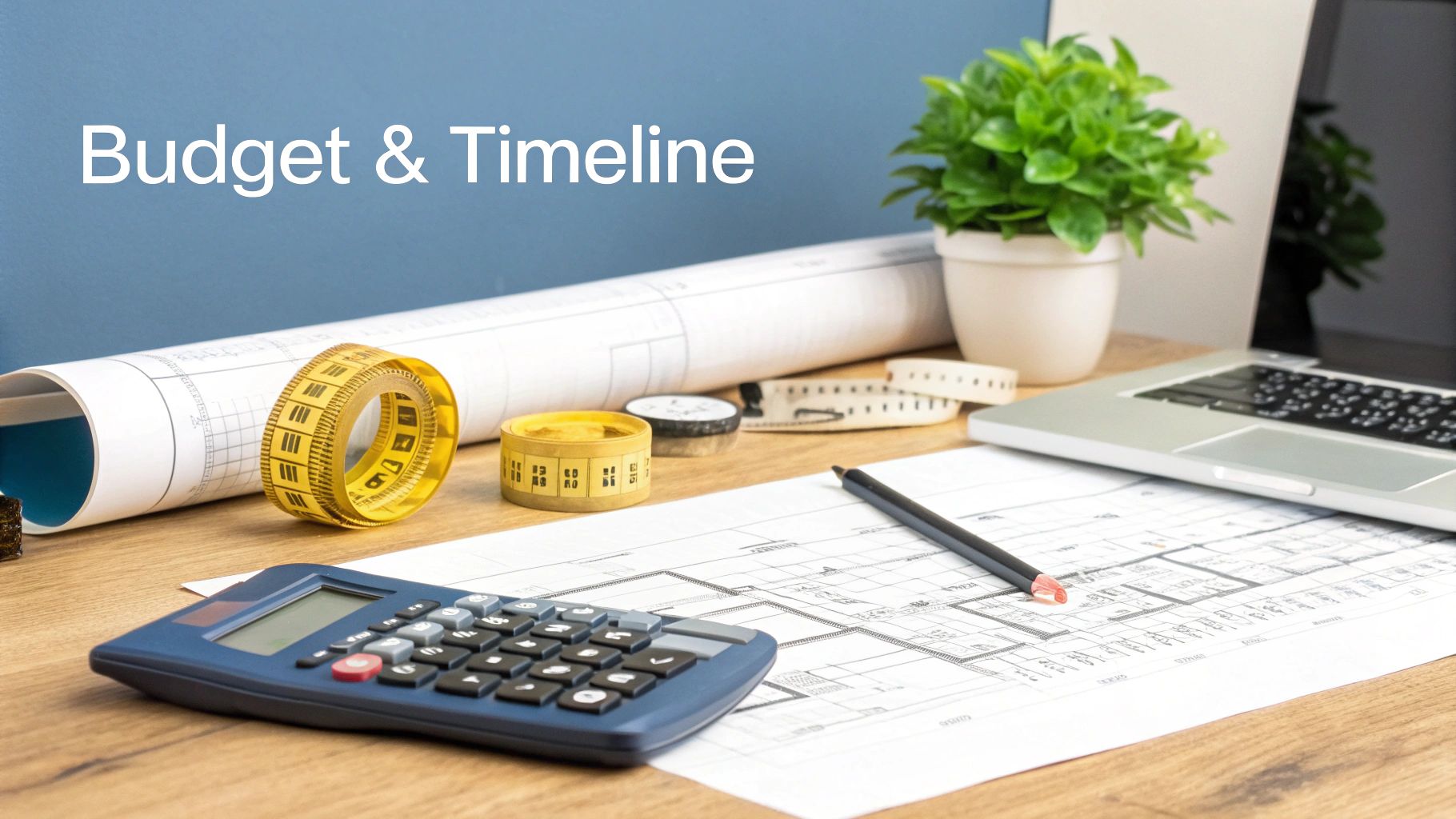 Construction planning workspace with blueprints, calculator, measuring tapes, and laptop for budget and timeline.