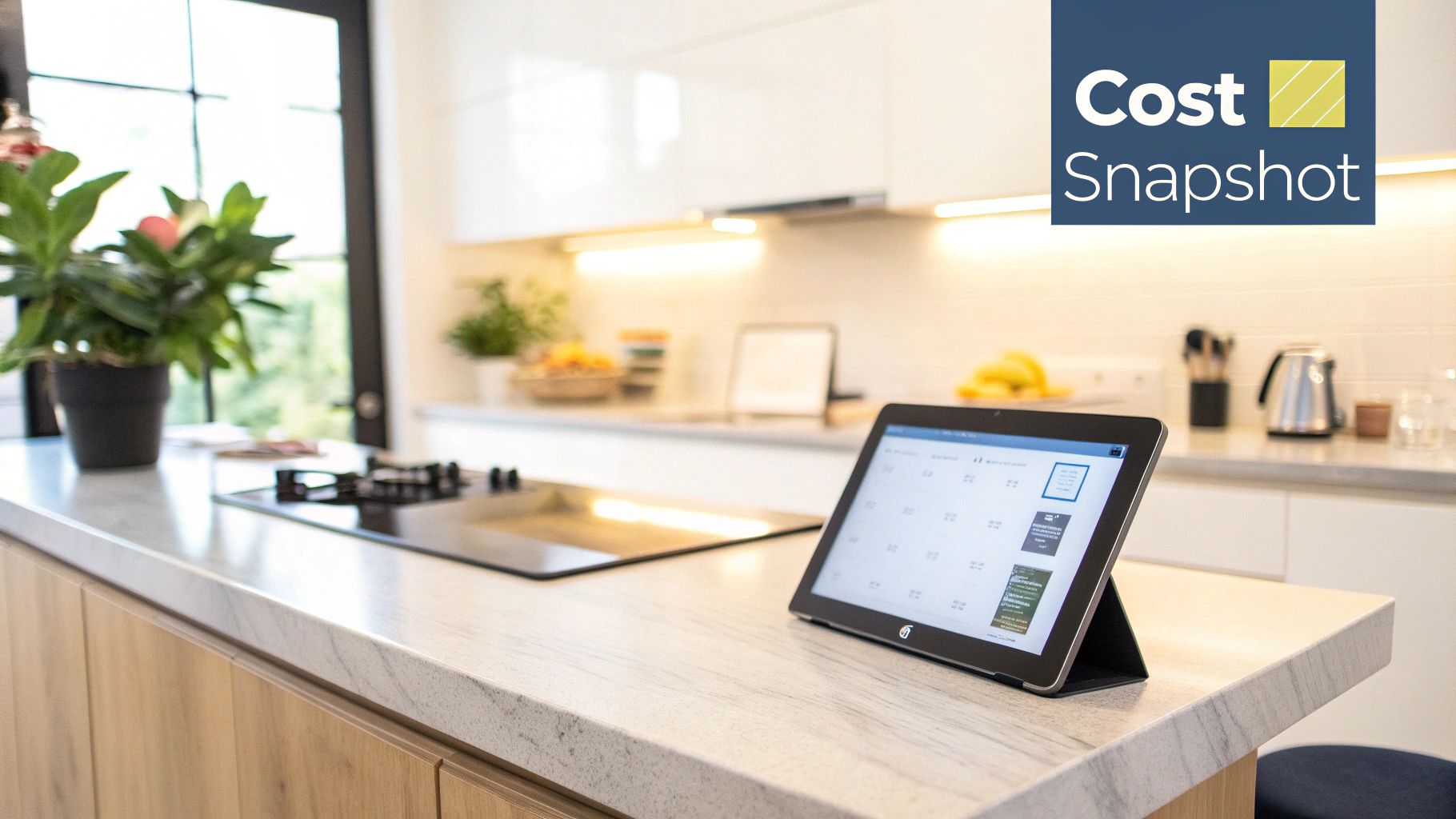 A modern kitchen island with a tablet displaying a calendar, featuring the 'Cost Snapshot' logo.