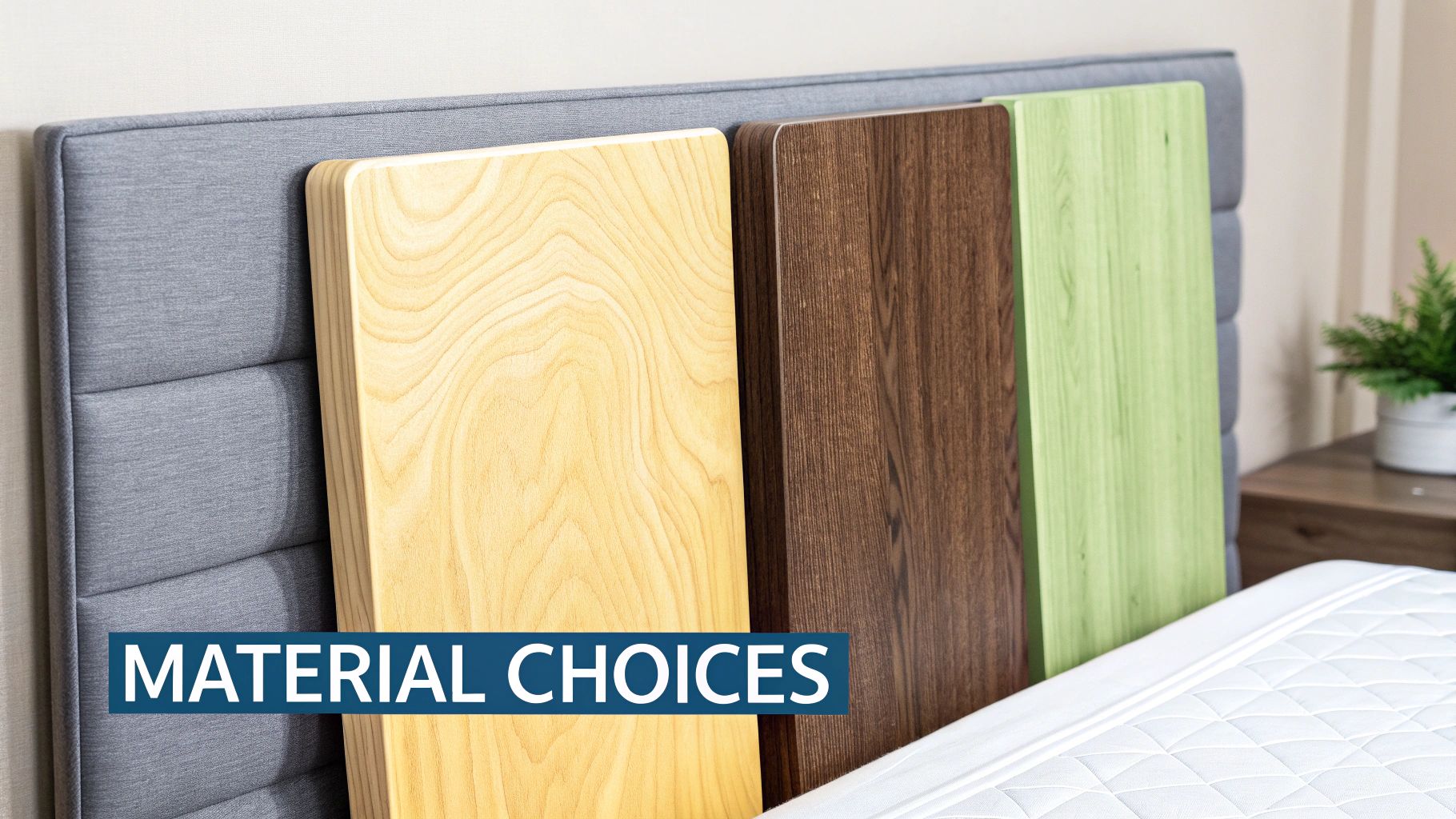 Three wooden material samples (light, dark, green) leaning against a gray upholstered headboard.