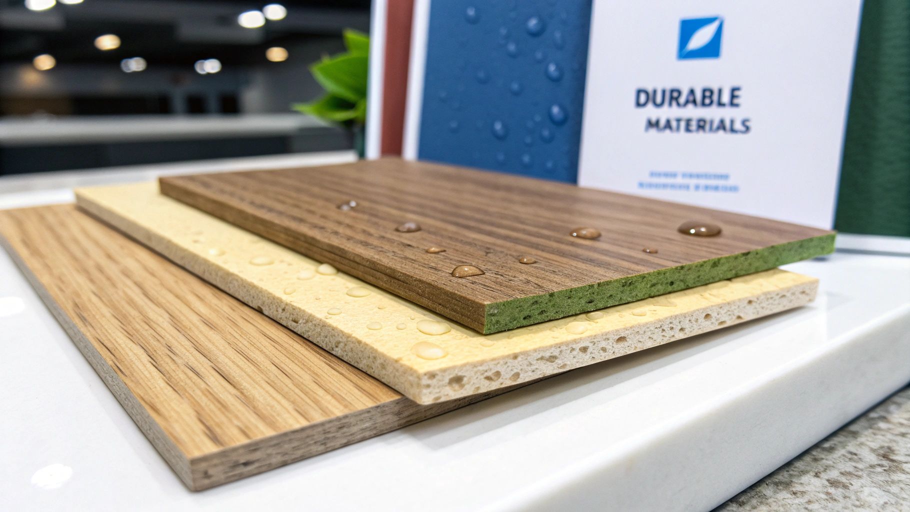 Three samples of durable, wood-look materials with water droplets on a white surface.