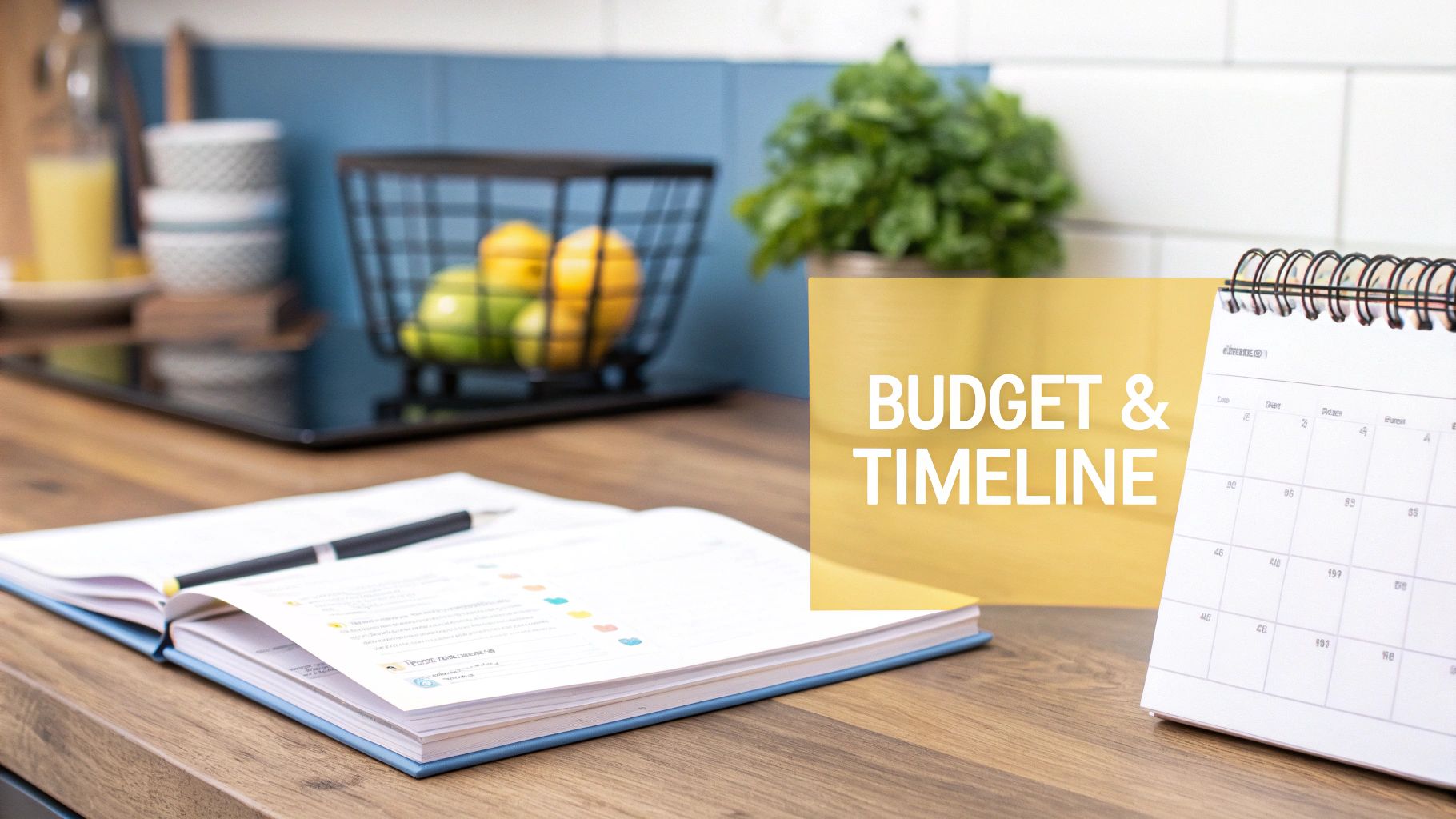 A kitchen counter with a notebook, pen, calendar, and a 'Budget & Timeline' text overlay.
