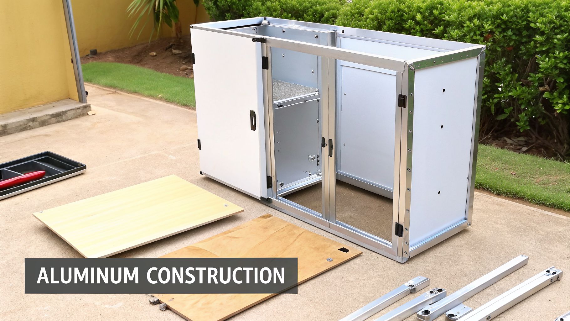 Aluminum kitchen cabinet disassembled for construction with wooden parts and tools outdoors.