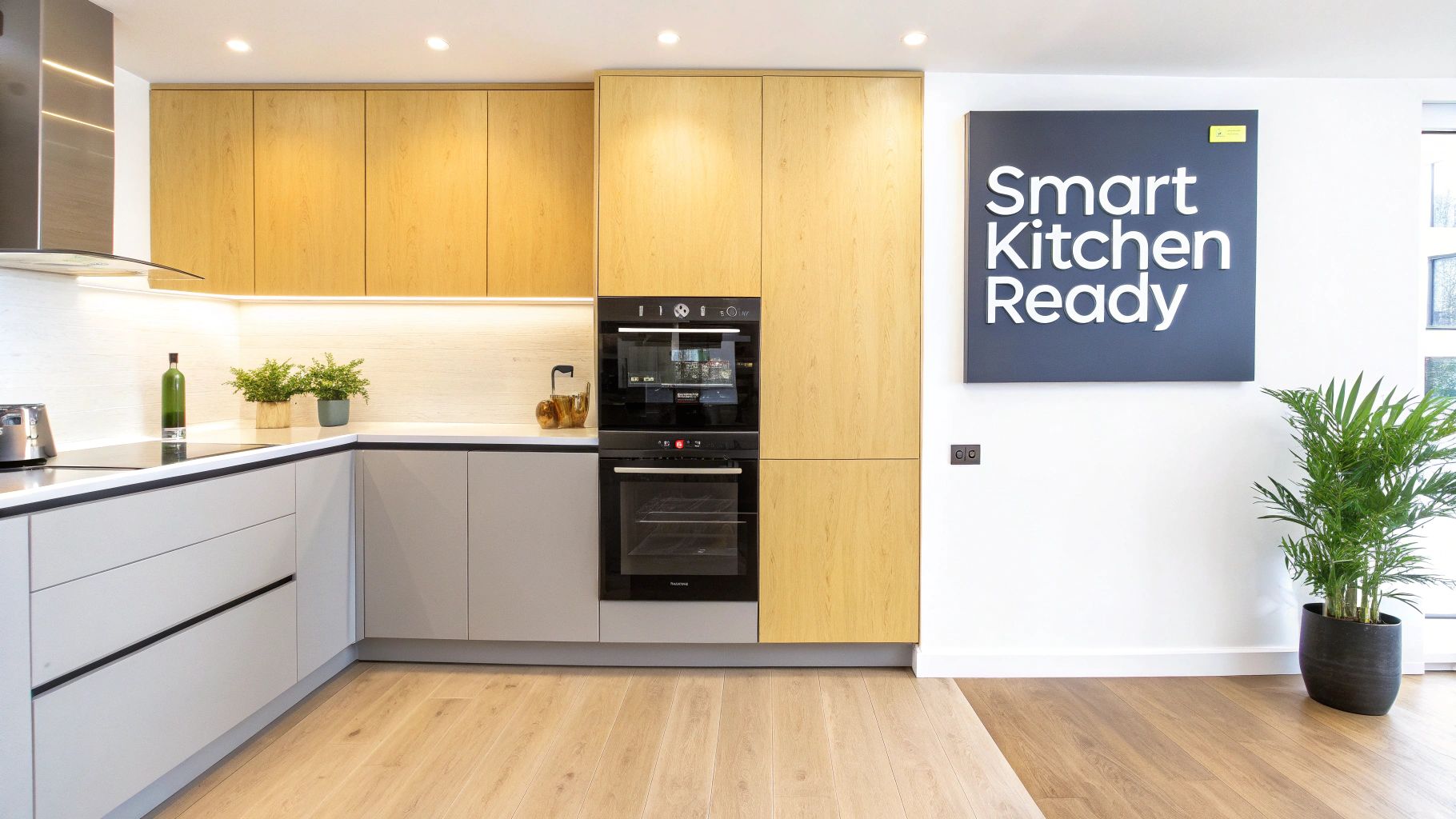 A modern kitchen with light wood and gray cabinets, built-in ovens, and a 'Smart Kitchen Ready' sign.