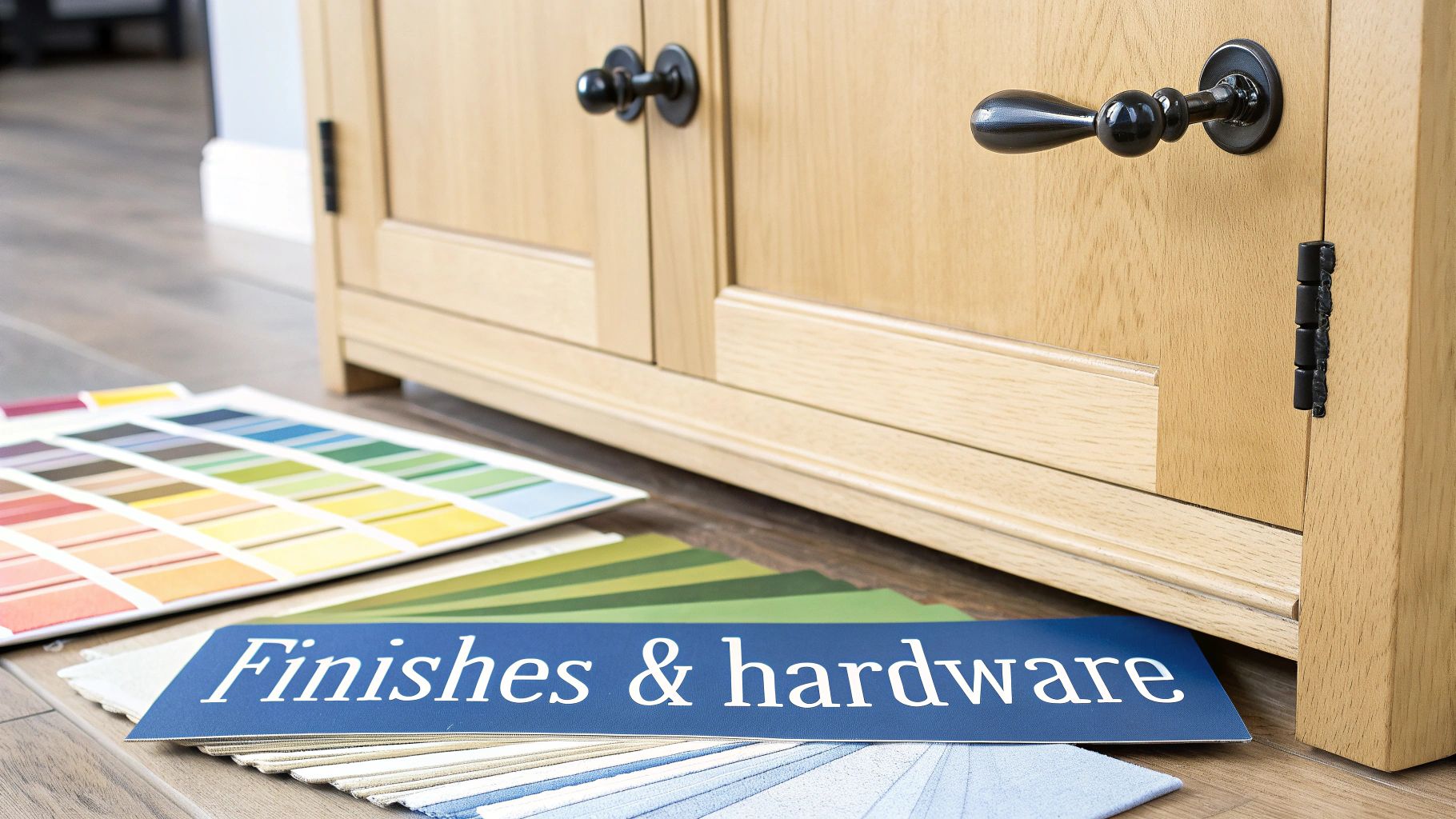 Light wood kitchen cabinet with black hardware, surrounded by color swatches and 'Finishes & hardware' sign.
