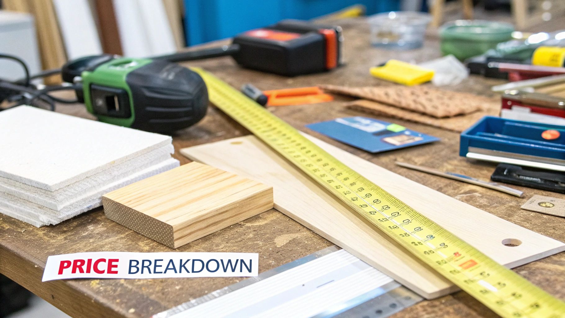 A carpenter meticulously measuring a wooden plank in a workshop.