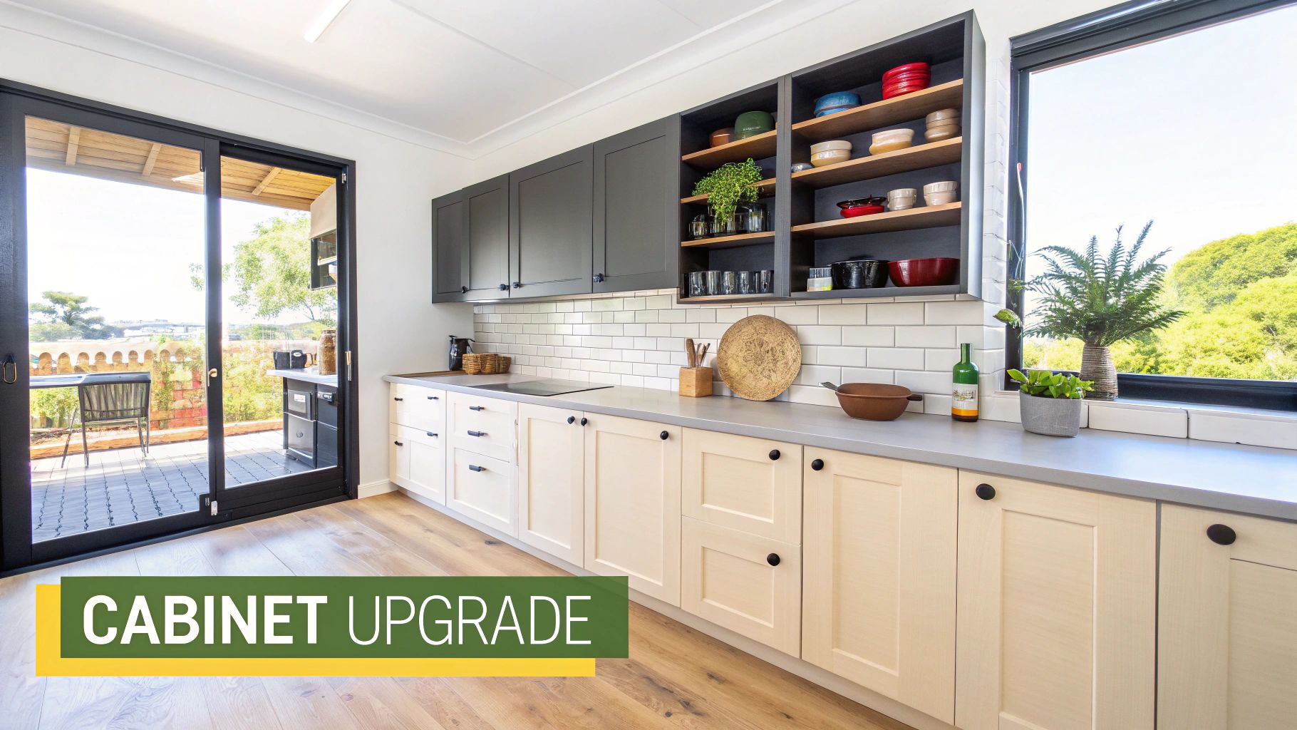 A modern kitchen with light wood lower cabinets, dark gray uppers, and open shelves, featuring an outdoor view.