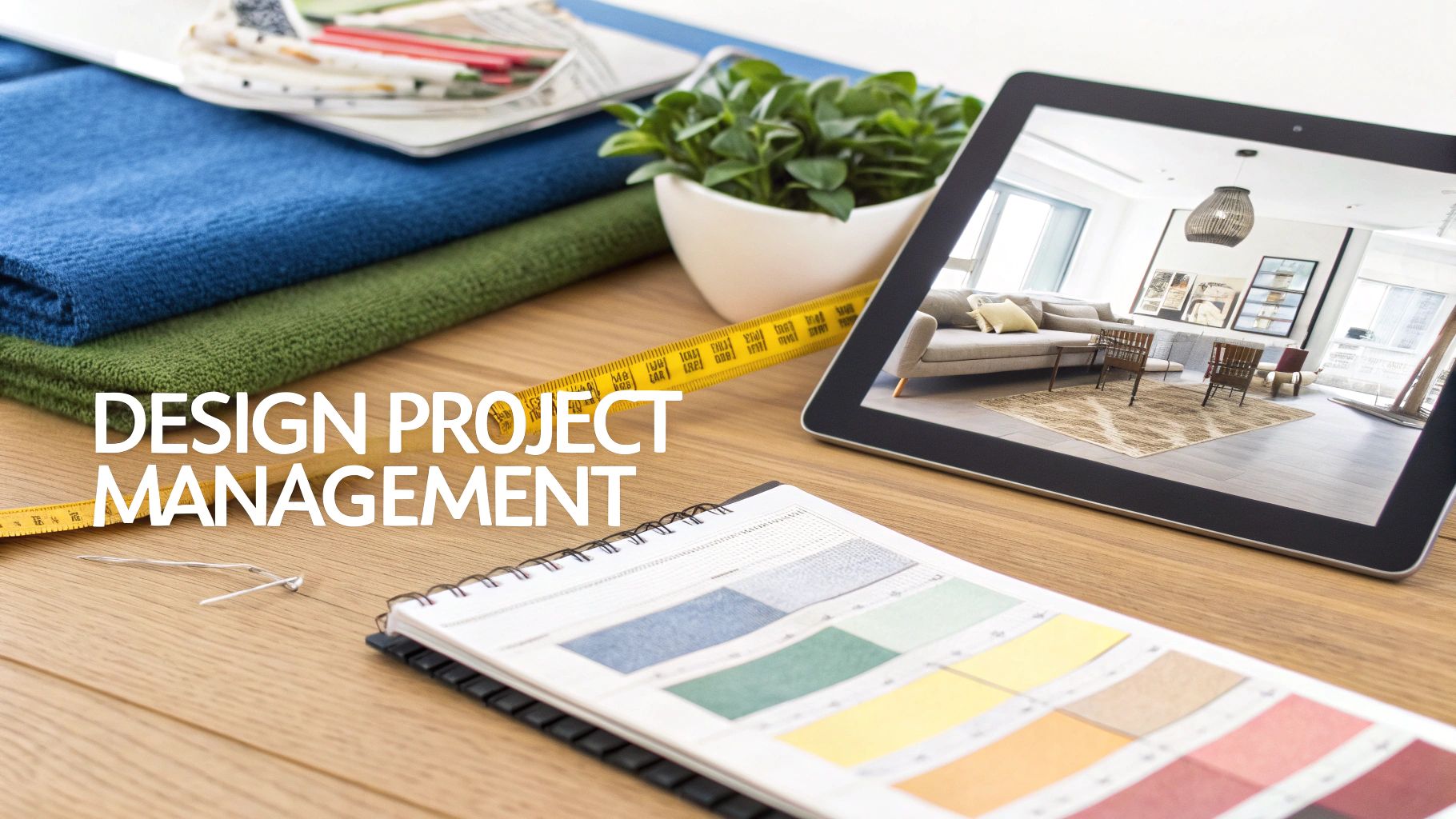 Design project management workspace with fabric swatches, color palette, measuring tape, and a tablet displaying an interior design concept.