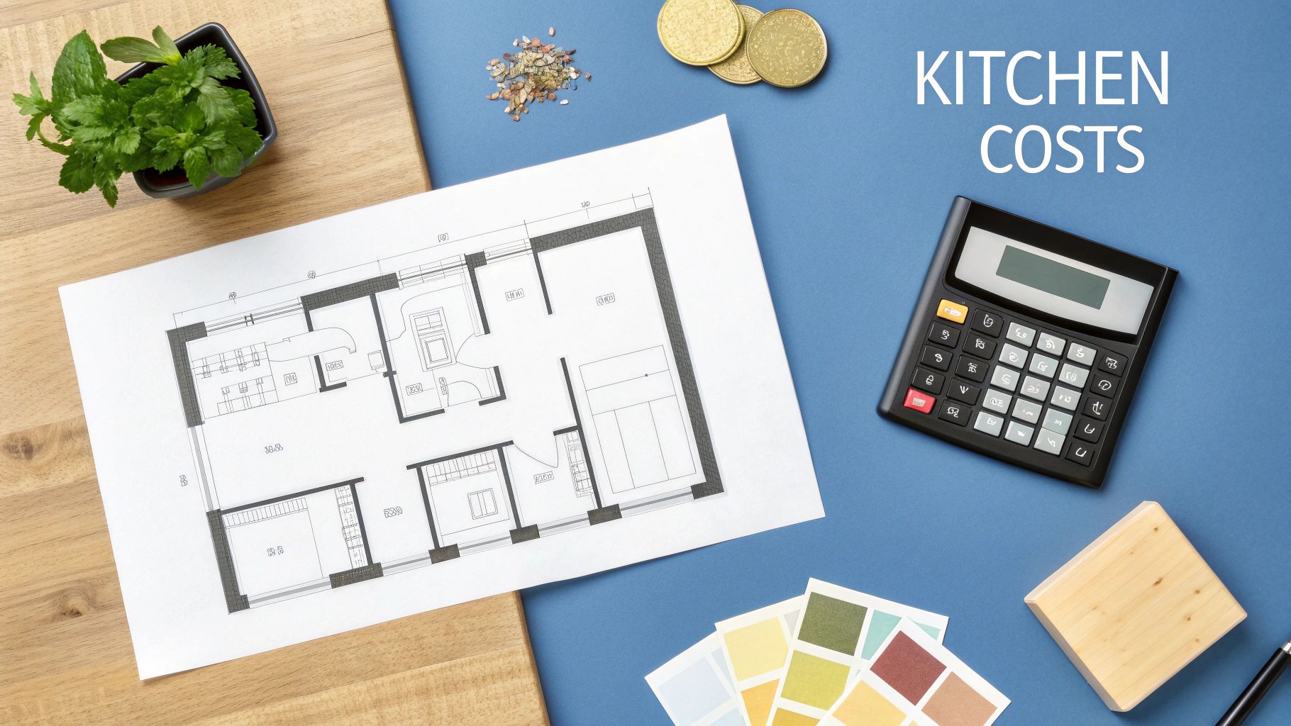 Floor plan, calculator, coins, and color swatches on a blue background, illustrating kitchen renovation costs.