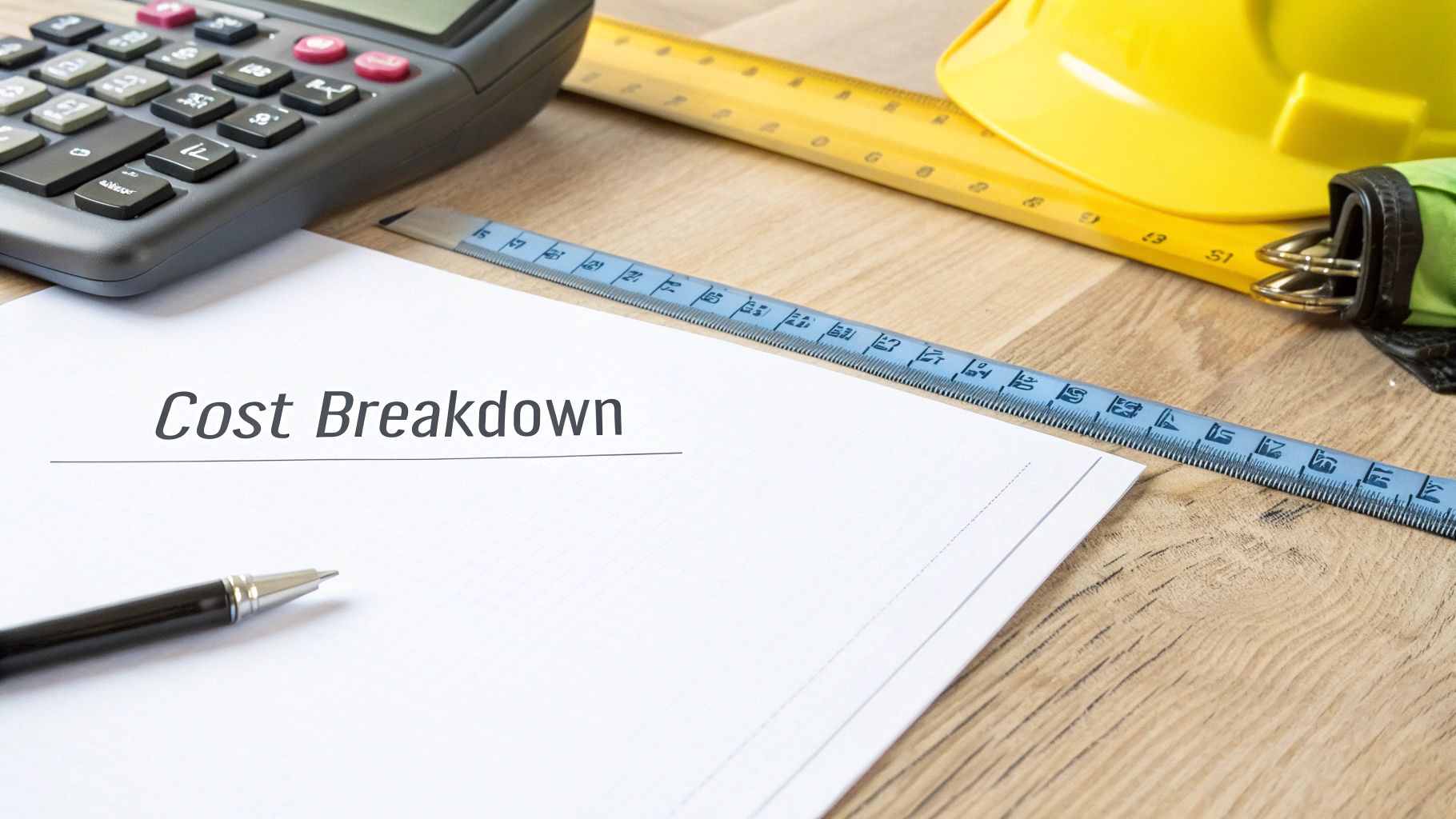 Desk with 'Cost Breakdown' paper, calculator, pen, safety helmet, and measuring tools for renovation planning.