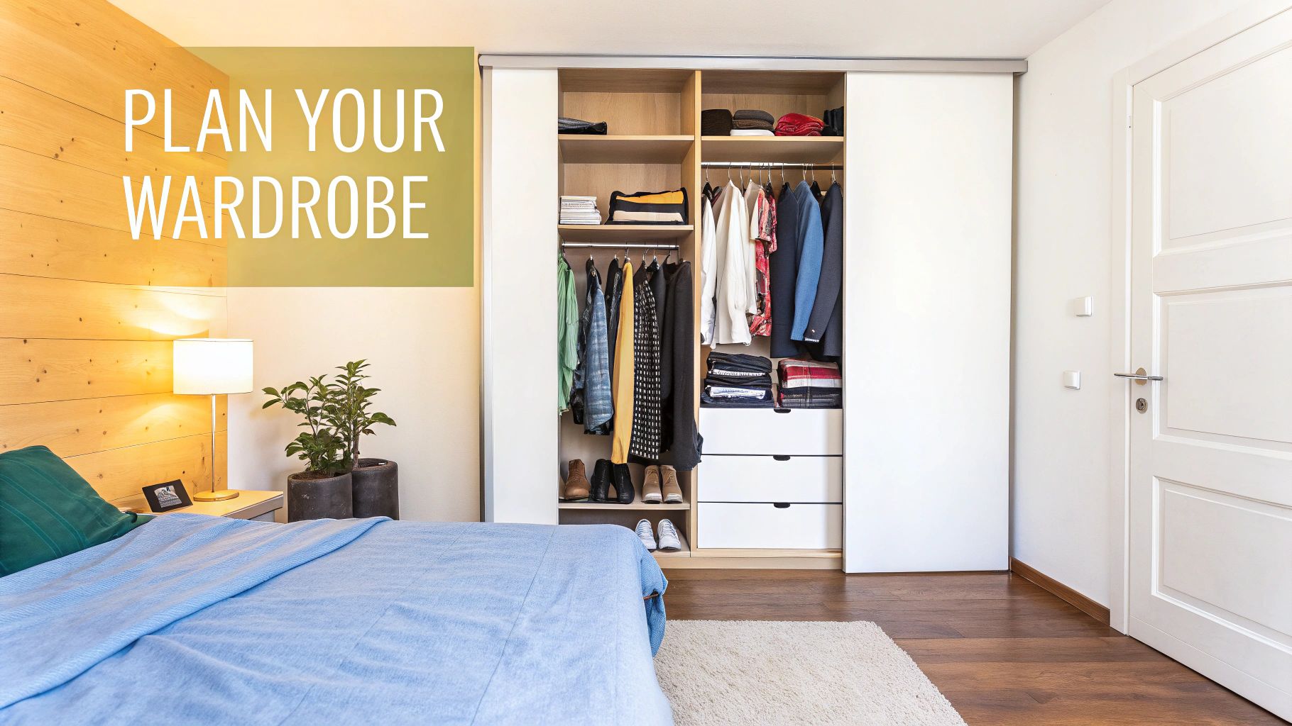 A modern bedroom featuring an open built-in wardrobe full of neatly organized clothes, shoes, and accessories.