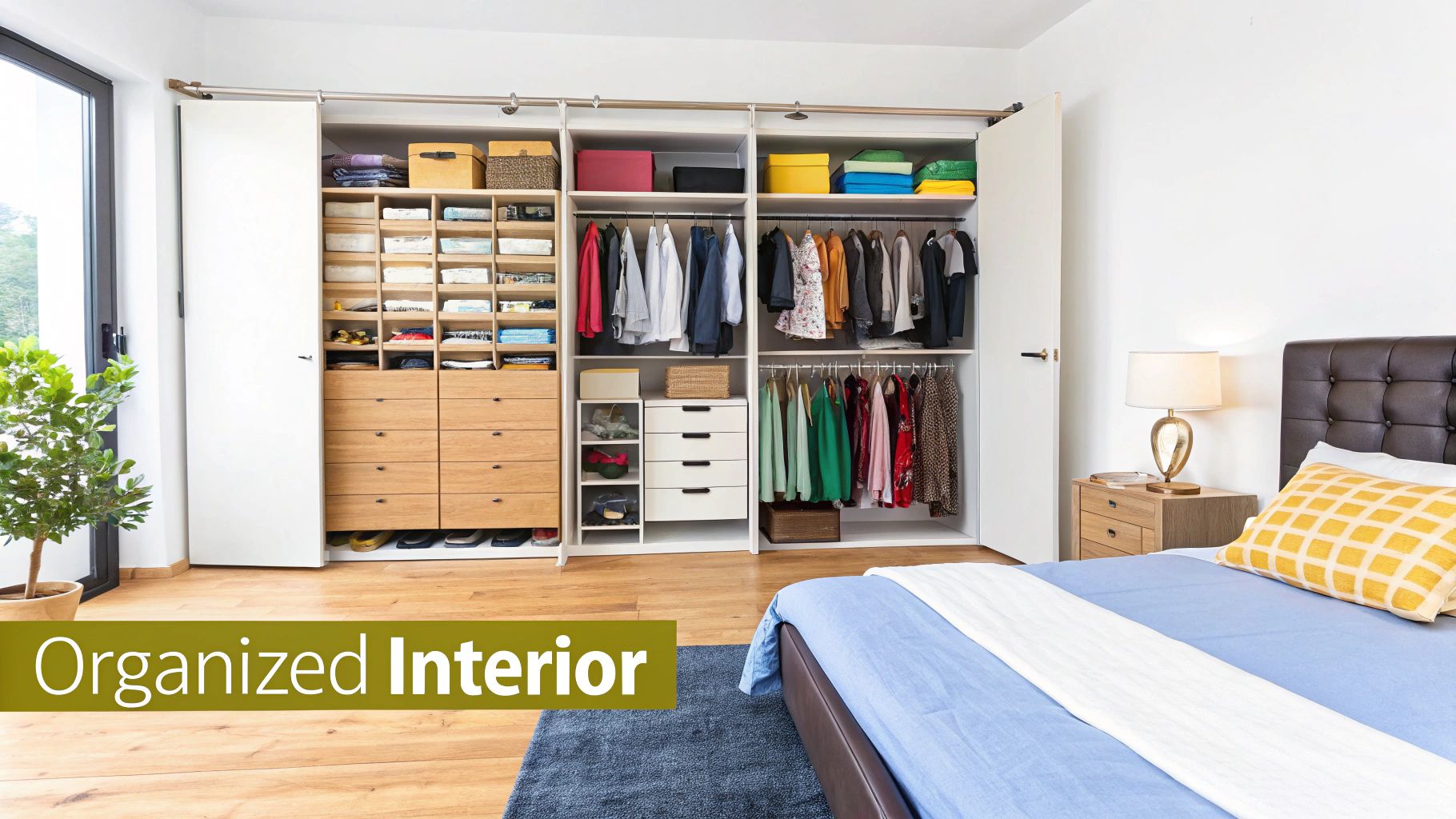 Bright bedroom with a large, organized built-in closet, bed, nightstand, and potted plant.