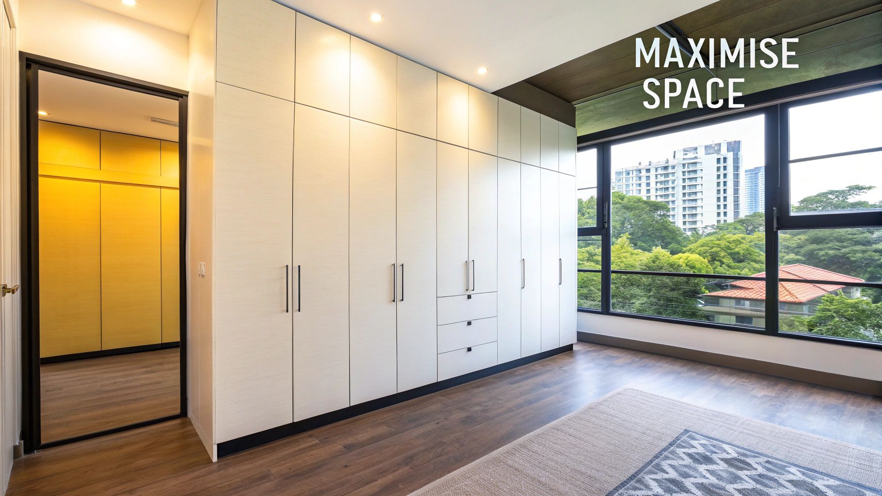 A modern room with extensive light-colored built-in wardrobes, a mirror, and large windows.