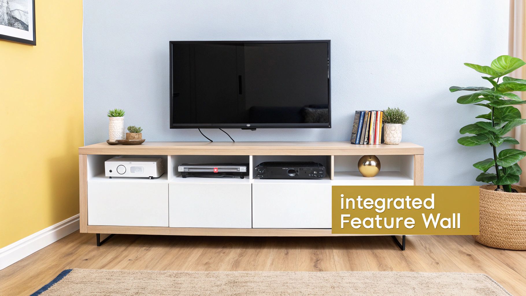 A modern TV console with white drawers and media storage, set against a light blue feature wall.
