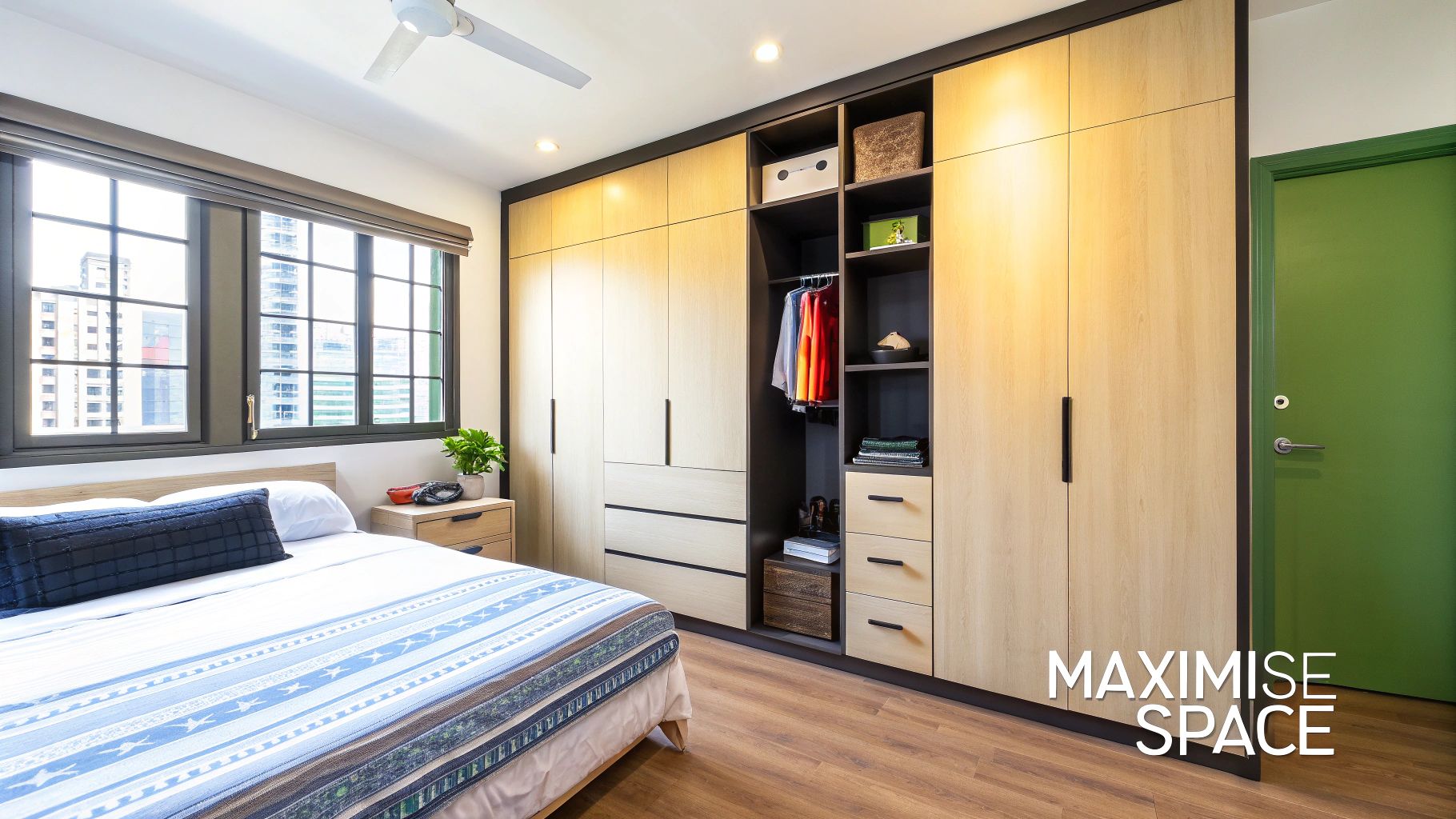 Modern bedroom with light wood built-in wardrobe featuring open shelving and closed storage compartments