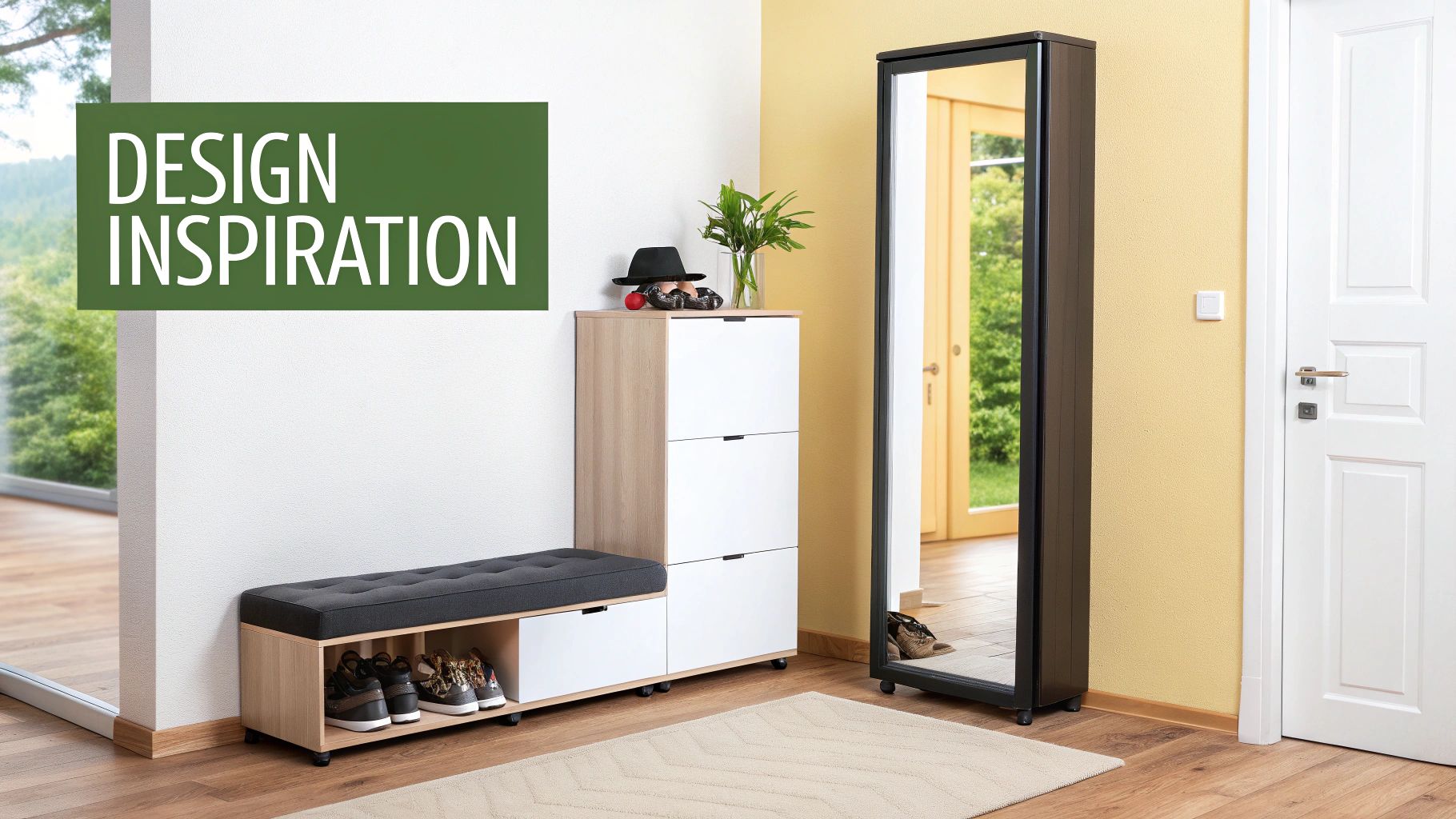 A modern entryway features light wood and white shoe storage units, a grey bench with shoe cubbies, and a tall mirror.