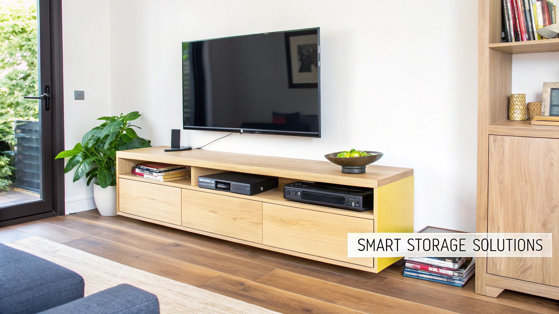 Sleek wooden TV console with storage, a mounted TV, and a green plant in a modern room.