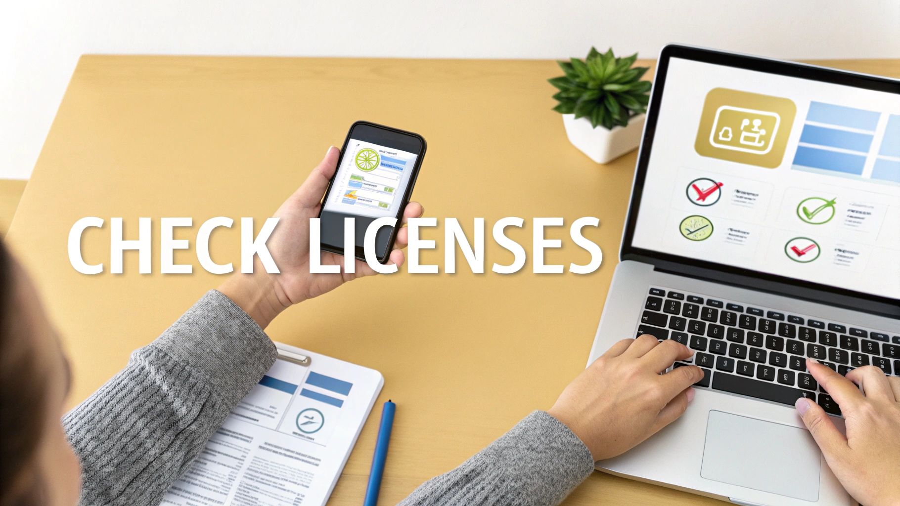 Person using a smartphone and laptop on a desk to check licenses digitally.