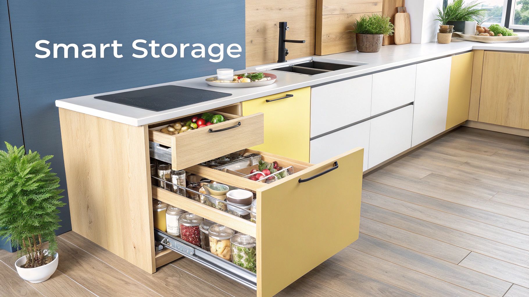 A sleek kitchen showcasing handleless cabinets with integrated LED lighting under the upper units.