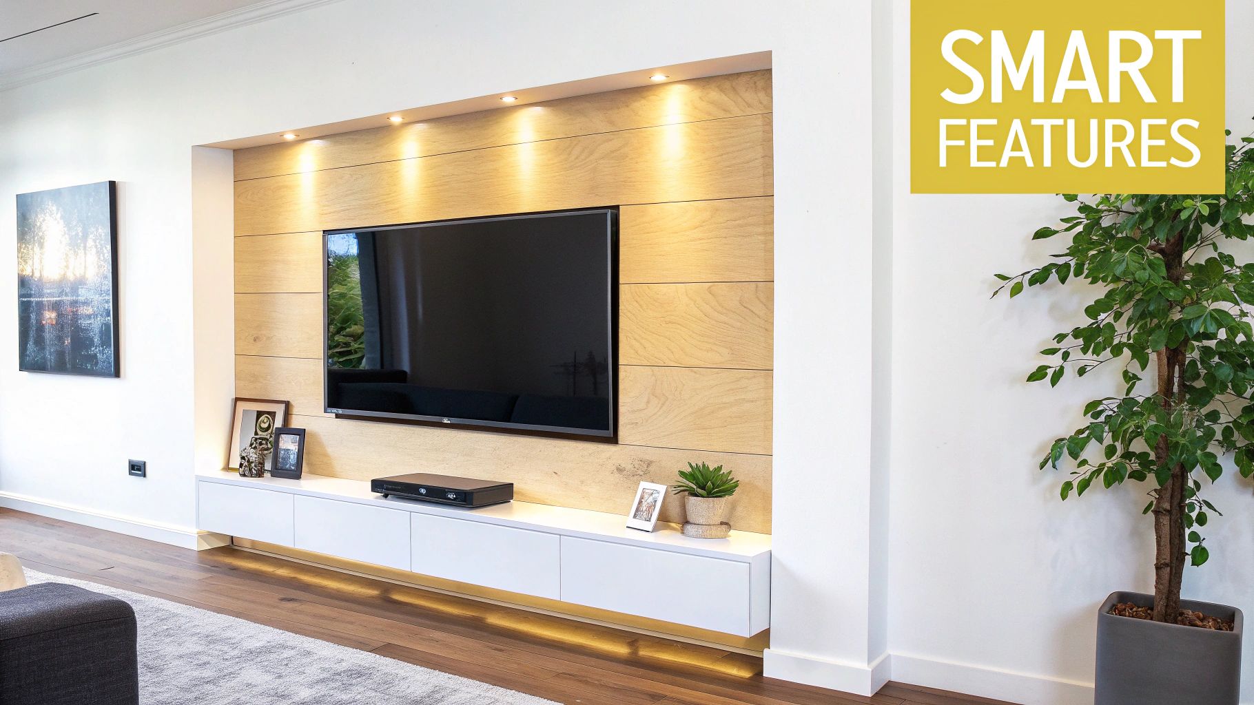 A close-up of a modern TV console feature wall with integrated LED backlighting, creating a warm and inviting ambiance.
