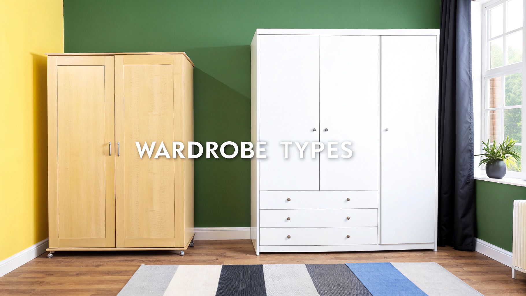 Two wardrobes of different types, a light wood two-door and a white four-door with drawers, in a room.