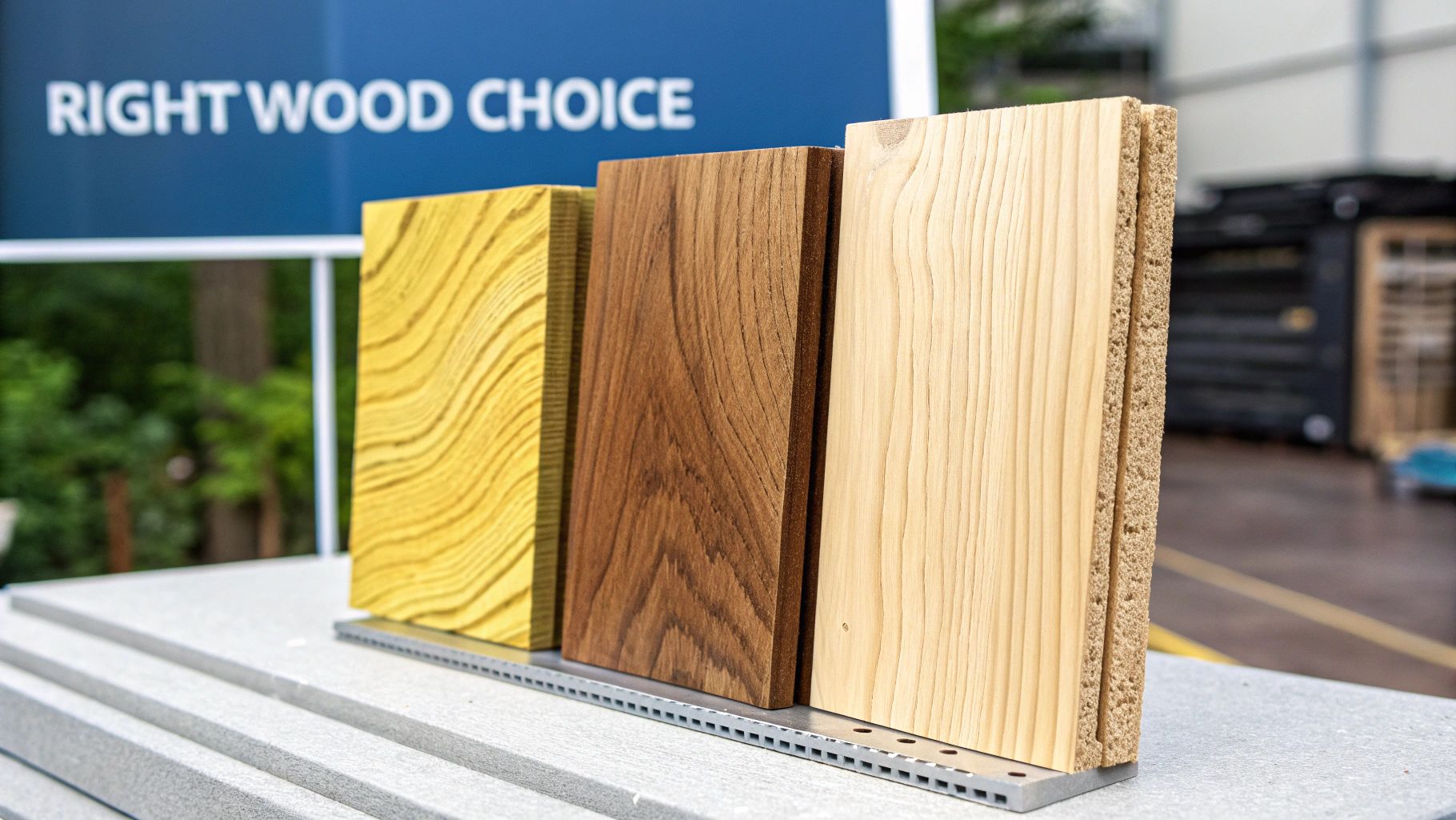 Three different wood samples in yellow, dark brown, and natural light tones, displayed on a stand.