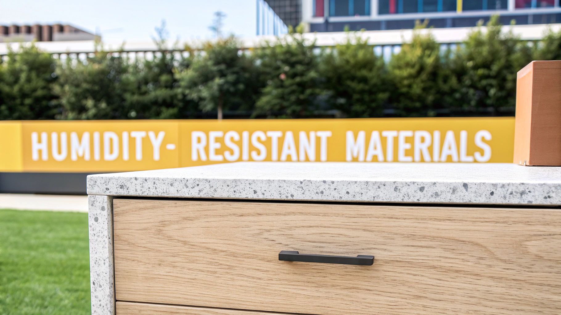 Modern outdoor vanity cabinet featuring a speckled countertop and wood drawer, with a sign for humidity-resistant materials.