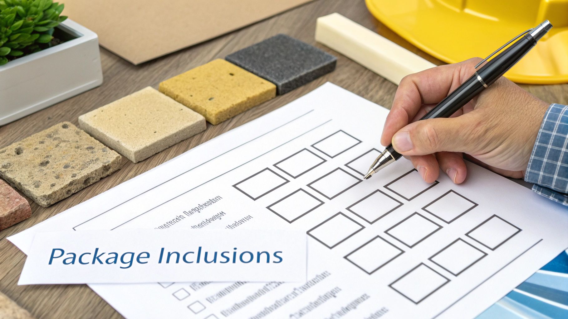 A hand marks a checklist for package inclusions with building material samples and design tools.