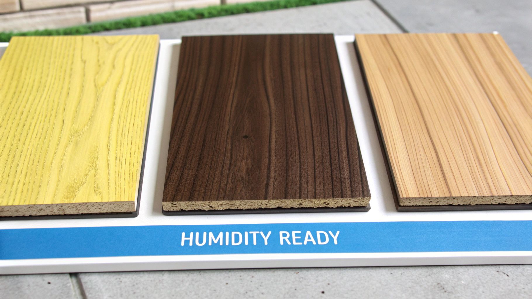 Three humidity-ready wood-look samples in yellow, dark brown, and light brown, displayed on a white stand.