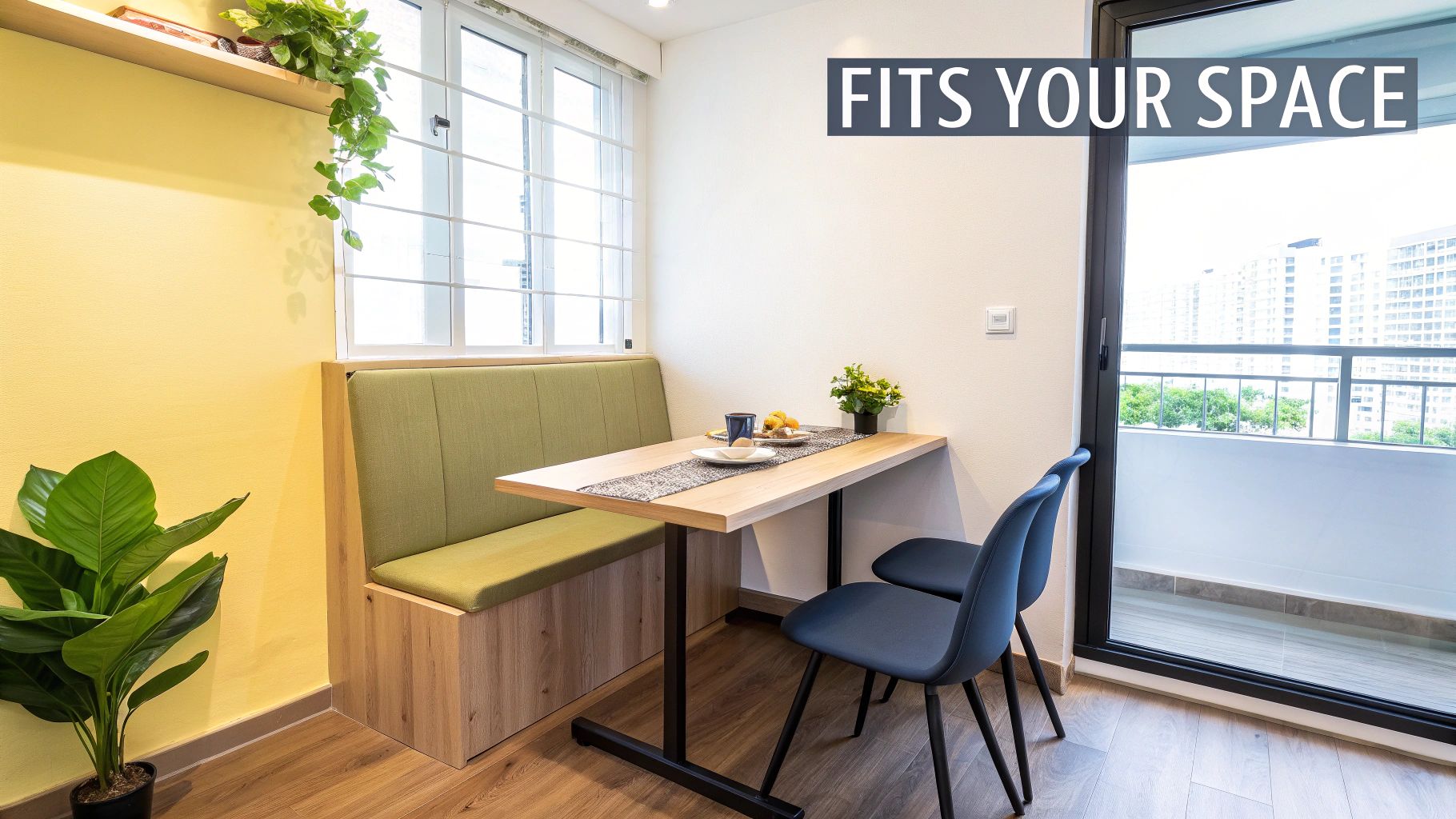 A cozy, custom-built dining nook with a wooden table, green bench, and two blue chairs.